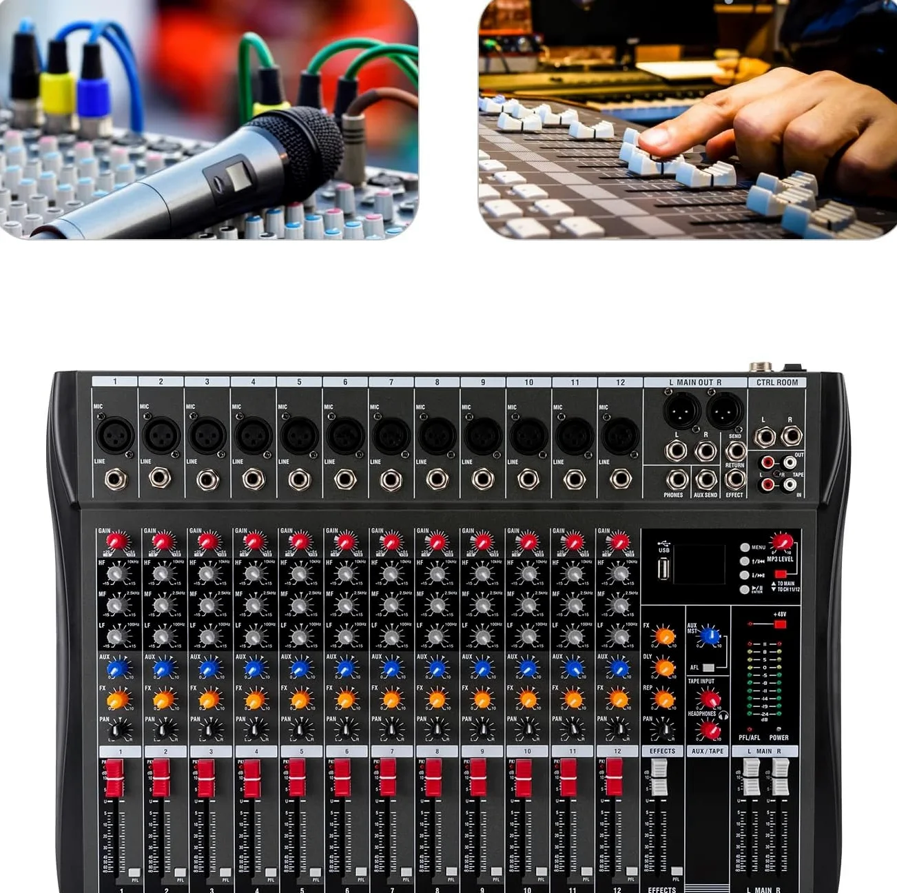 Console audio a 12 canali, amplificatore per studio Mixe Live Mixer Bluetooth USB, per registrazione DJ Stage Karaoke Bar Live Streaming