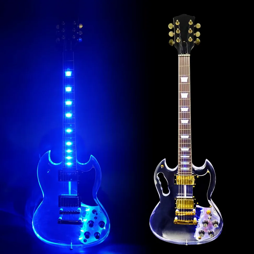 Chitarra elettrica con luce LED trasparente corpo in acrilico trasparente chitarra collo acero tono dolce (kit-led-sg)