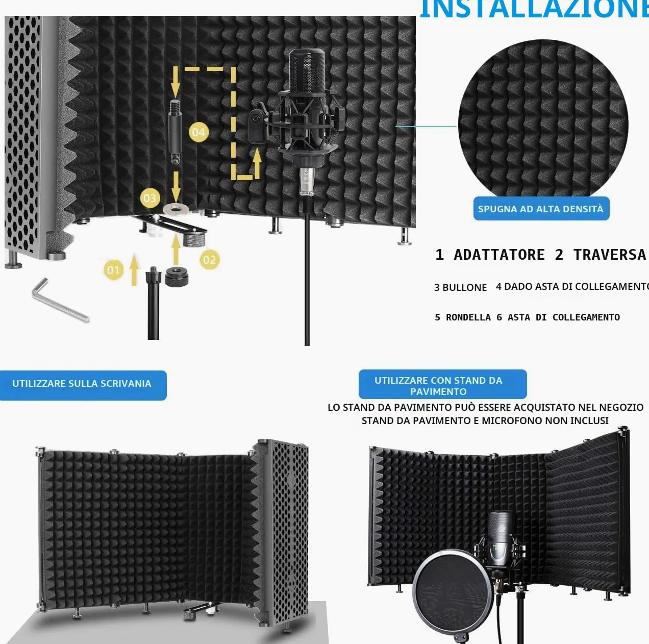 Depusheng W89 Scudo di isolamento per microfono pieghevole Registrazione in studio Trasmissione in diretta Filtro pop a 5 pannelli Isolatore per microfono ad alta densità regolabile