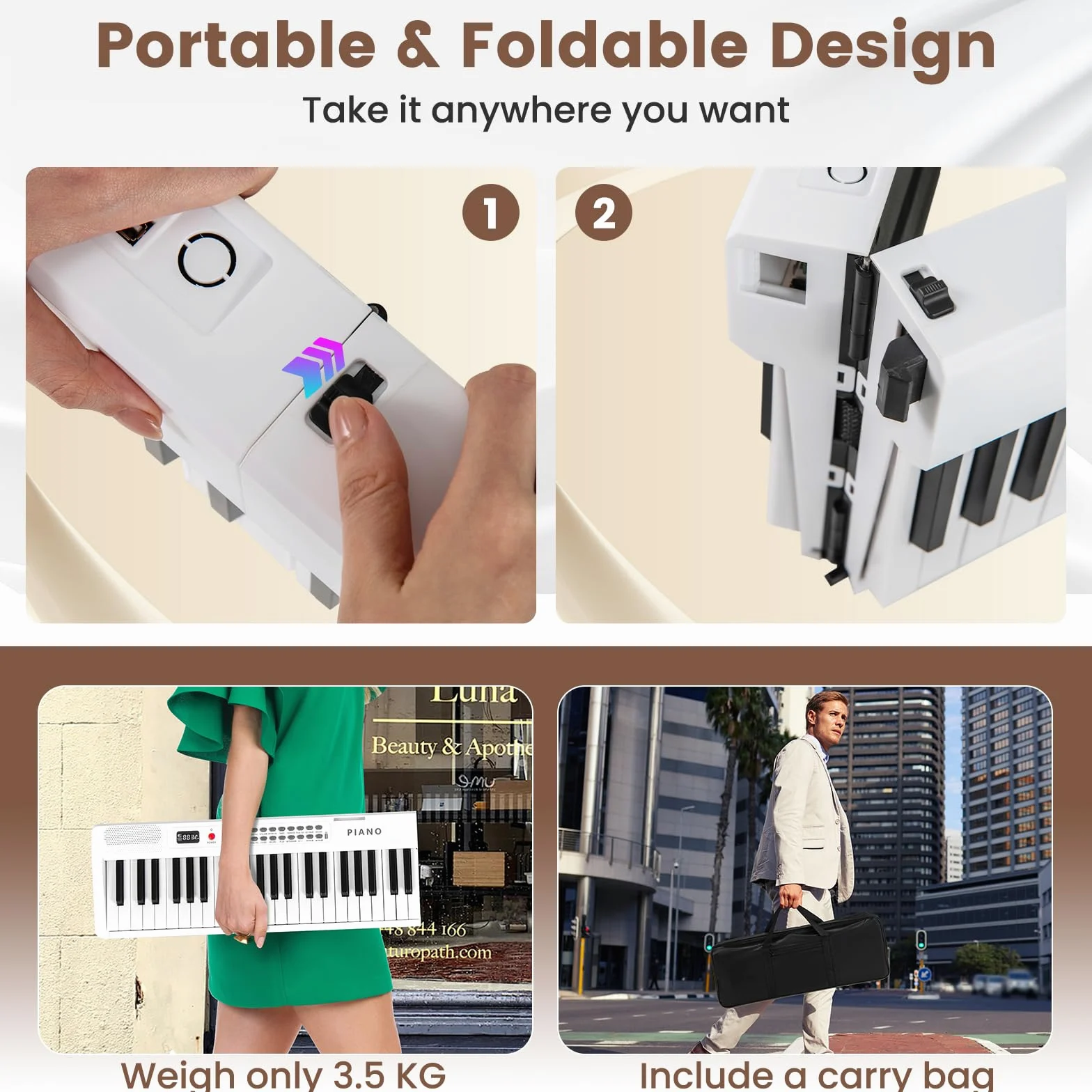 KOMFOTTEU Pianoforte Digitale 88 Tasti Pieghevole, con MIDI Wireless, Altoparlanti Doppii, 1000 Timbri E Ritmi, Tastiera Elettronica Semi-Pesato, Pianola Facile da Trasportare con Borsa (Bianco)
