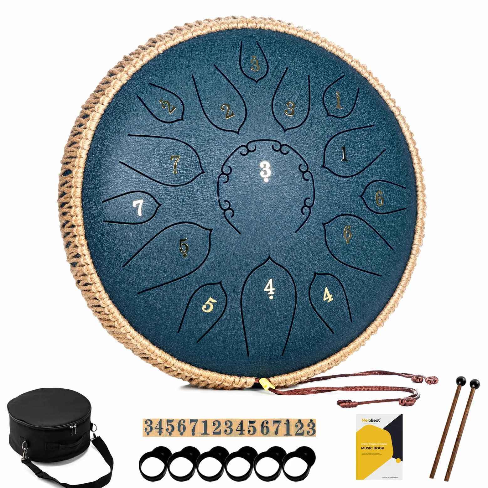 MeloBeat Steel Tongue Drum Handpan - Tamburo in Acciaio 12 Pollici 15 Note - Set Professionale di Tamburi a Lingua in D Maggiore Incluso Libro delle Canzoni per Tamburo con Custodia (Blu Scuro)