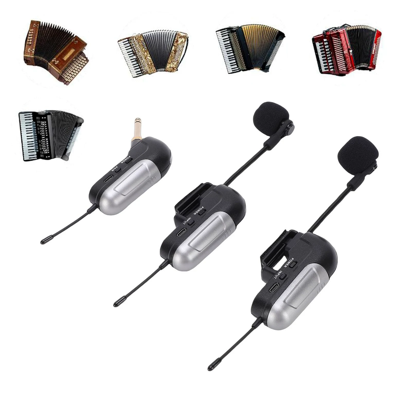 Microfono per Fisarmonica Wireless UHF, Pickup a 360 Gradi Suono Chiaro 30 M di Lunga Portata 6 Ore di Durata della Batteria, con Ricevitore, per Spettacoli Dal, Concerti Dal