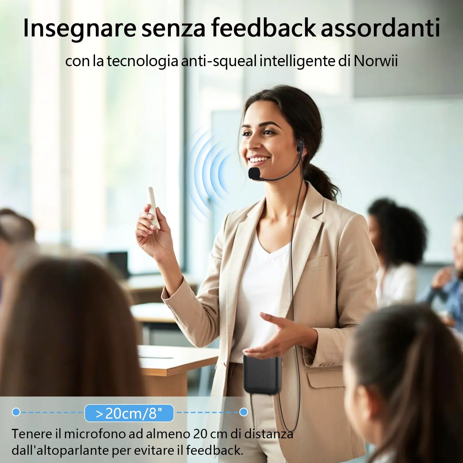 Norwii Amplificatore Vocale Portatile con Microfono Auricolare Cablato e Cintura, Mini Ricaricabile Altoparlante per Insegnanti, Guida Turistica, Allenatori, Presentatori, Riunione, Yoga