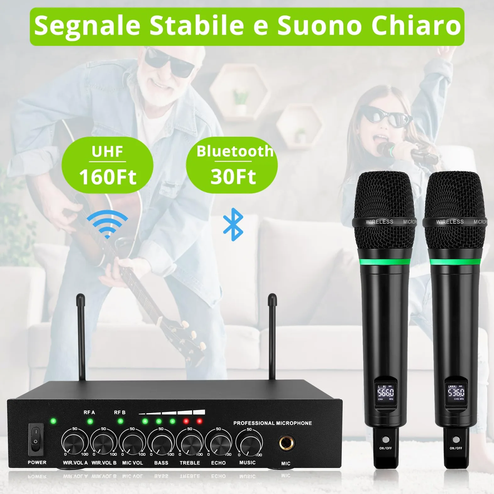 LiNKFOR Microfono Wireless UHF Ricaricabile Bluetooth 5.0 Doppio Microfono Portatile in Metallo, Ingresso/Uscita RCA, Uscita 6,35 mm Microfono Senza Fili per Macchina Karaoke, Mixer, Sound Bar