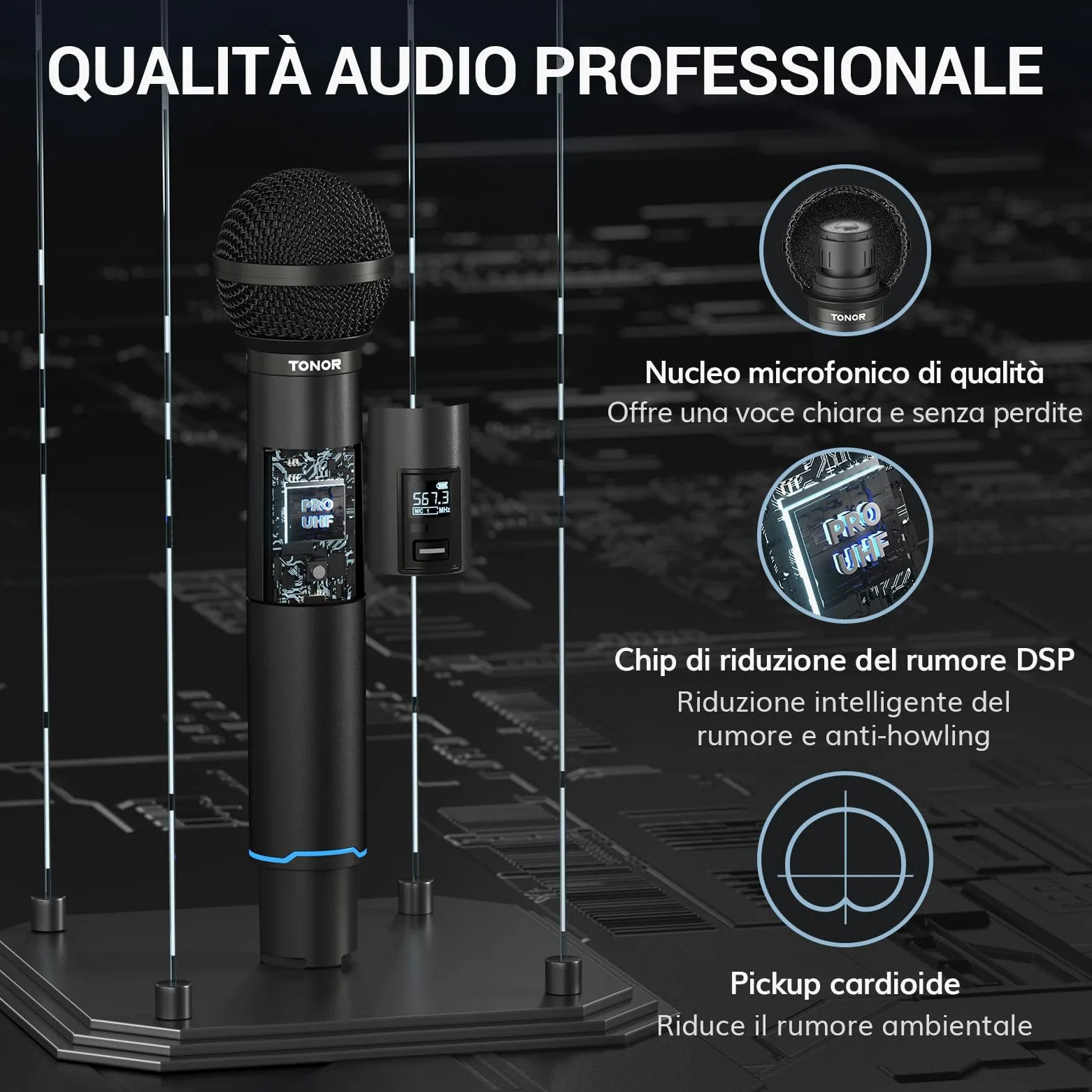 TONOR Microfono Wireless Professionale, Sistema Microfono Ricaricabile Bluetooth, Microfono Dinamico in Metallo UHF 2x25 per Karaoke, Chiesa, Canto, Matrimonio, Riunione, Mute con Clic, 100 M, TW720