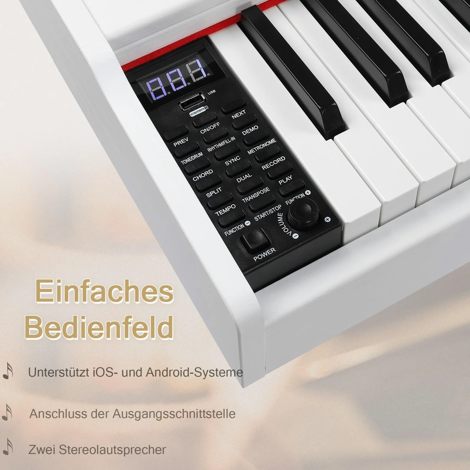 LALAHO E-Piano, pianoforte digitale a 88 tasti, per principianti, tastiera con 3 pedali, supporto a quattro zampe, doppio Bluetooth, altoparlante stereo, bianco