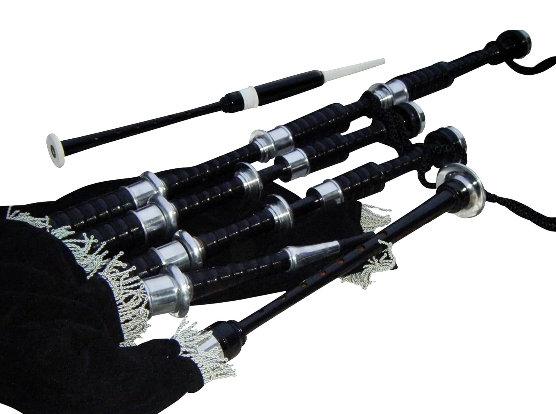 Cornamusa Great Highland in legno di cobolo sfumato nero con supporti in nichel argento e corda di copertura in velluto nero, per studenti, kit completo con guida per principianti, ance e