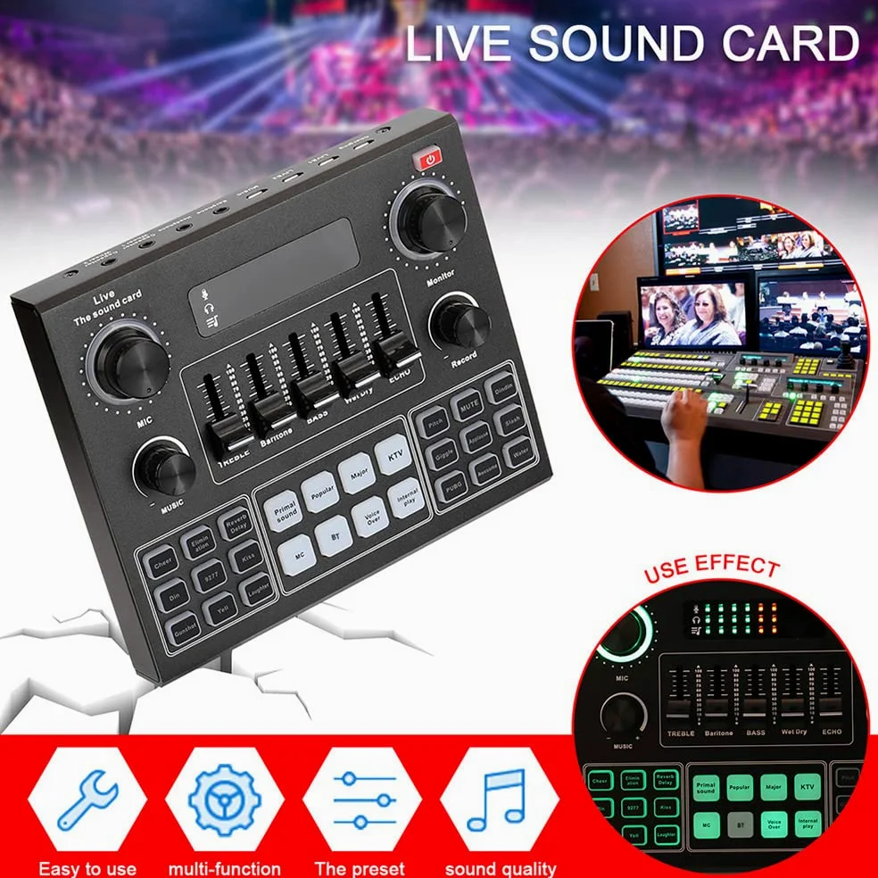 Scheda Mixer Audio Bluetooth Mini, Scheda Audio Live con Vari Effetti sonori, Scheda Audio Cambia Voce in Streaming Live per la Registrazione di Musica, Trasmissione di canti