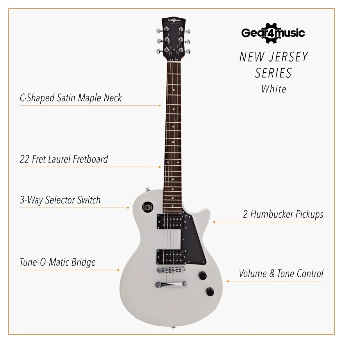 Chitarra Elettrica New Jersey Bianca, Ampli 10W e Accessori | Tutto ciò che Serve a un Chitarrista in Erba, Ampli Portatile con EQ 2 Bande e Uscita Cuffie, Manico Comodo, Accessori