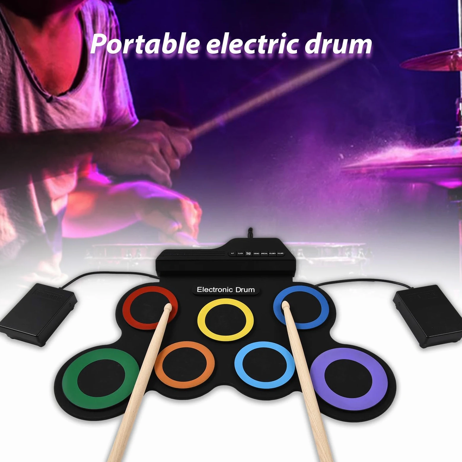 Kit batteria elettrica portatile con 7 pad con presa auricolare, pedali, bacchette, regalo di compleanno, strumenti musicali, kit batteria senza altoparlante