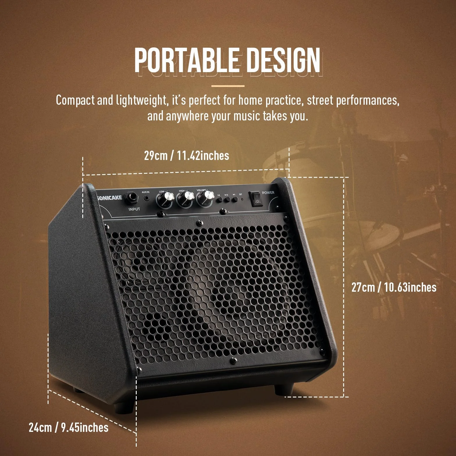 SONICAKE Amplificatore per Batteria Elettronica 20W Casse Bluetooth Portatili con Doppio Driver
