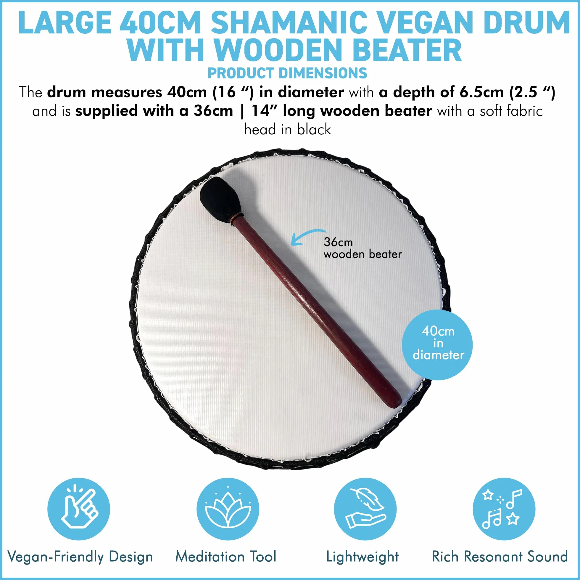 Grande tamburo sciamanico vegano da 40 cm con battitore in legno, strumento a percussione con suono profondo risonante