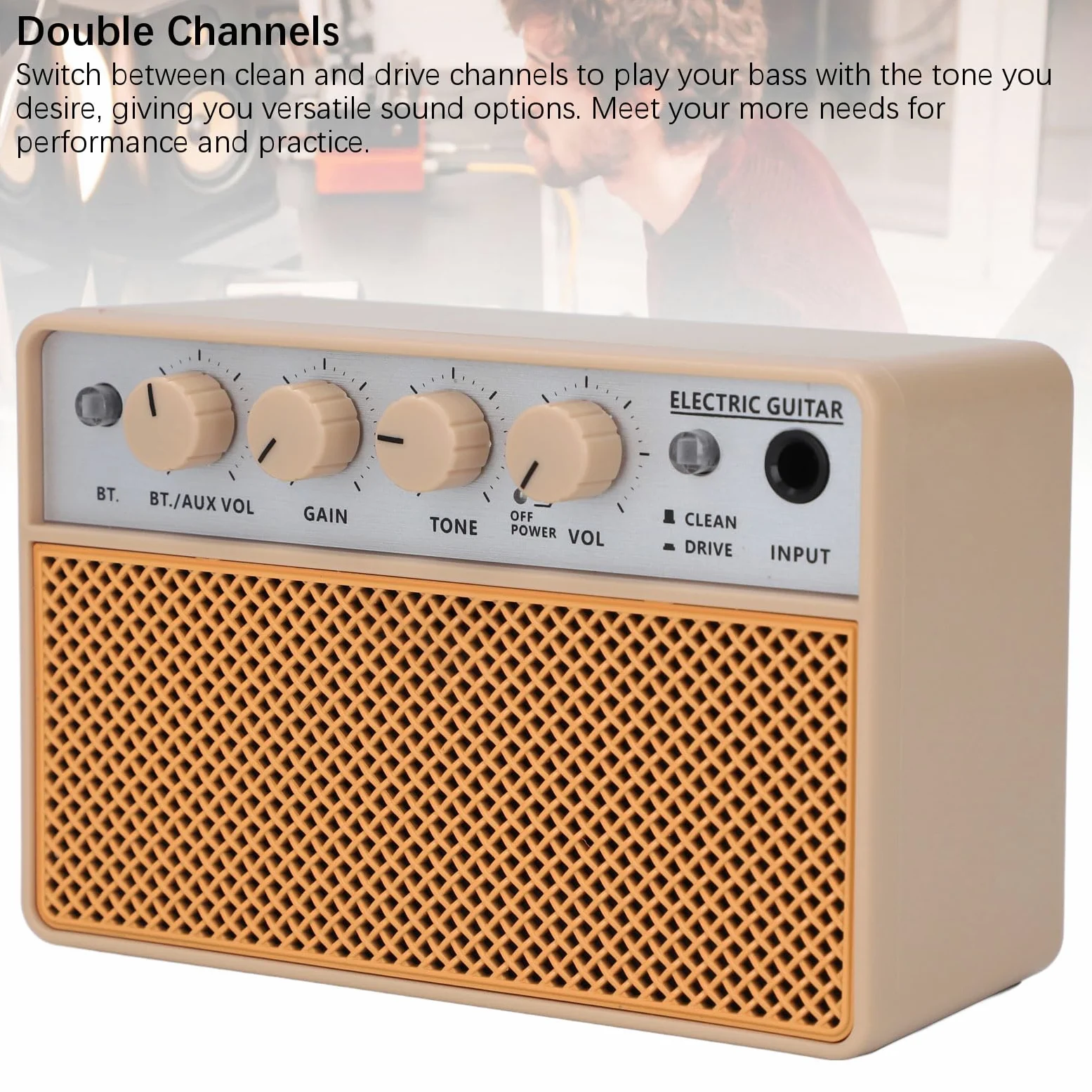 CHICIRIS Mini Amplificatore Elettrico per Esercitazione per Basso Elettrico da 10 W, Altoparlanti Combinati 2x5 W, Dimensioni Compatte, Ingressi BT/AUX