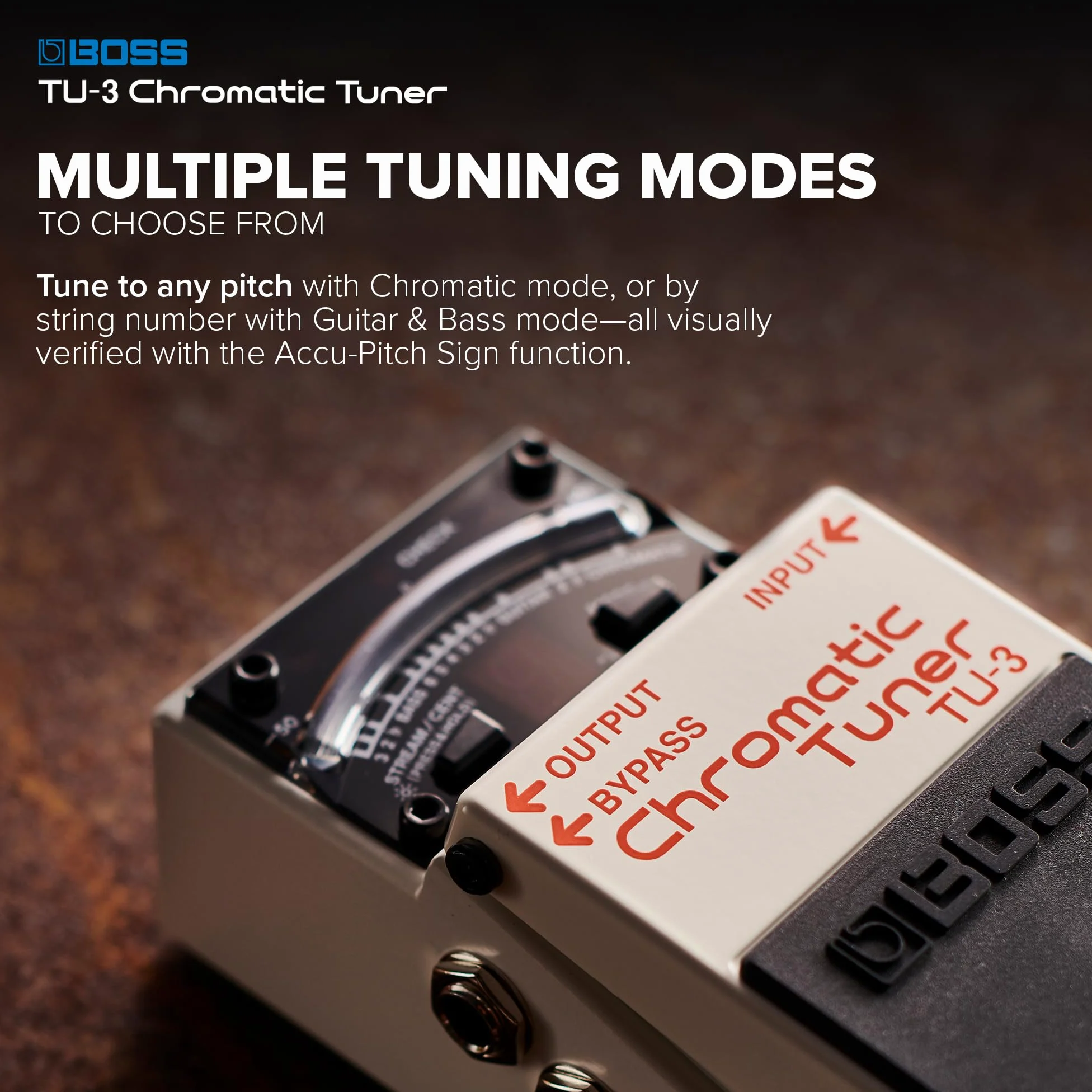 BOSS TU-3 Pedale Accordatore per Chitarra, la modalità High-Brightness migliora la visibilità del misuratore all'aperto