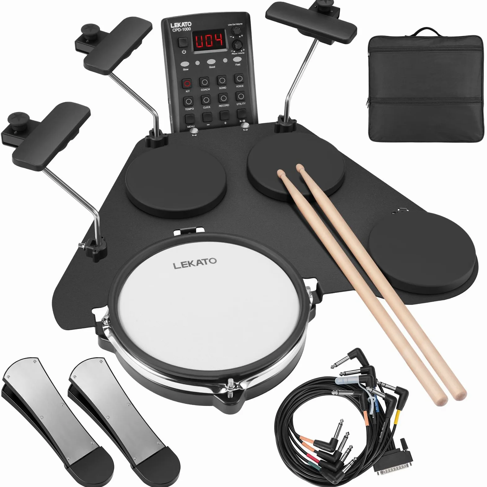 LEKATO Batteria elettronica CPD-1000 con cuscinetti a rete silenziosi, batteria elettrica portatile, oltre 220 suoni, USB MIDI, 2 robusti interruttori a pedale, bastoncini, borsa da viaggio