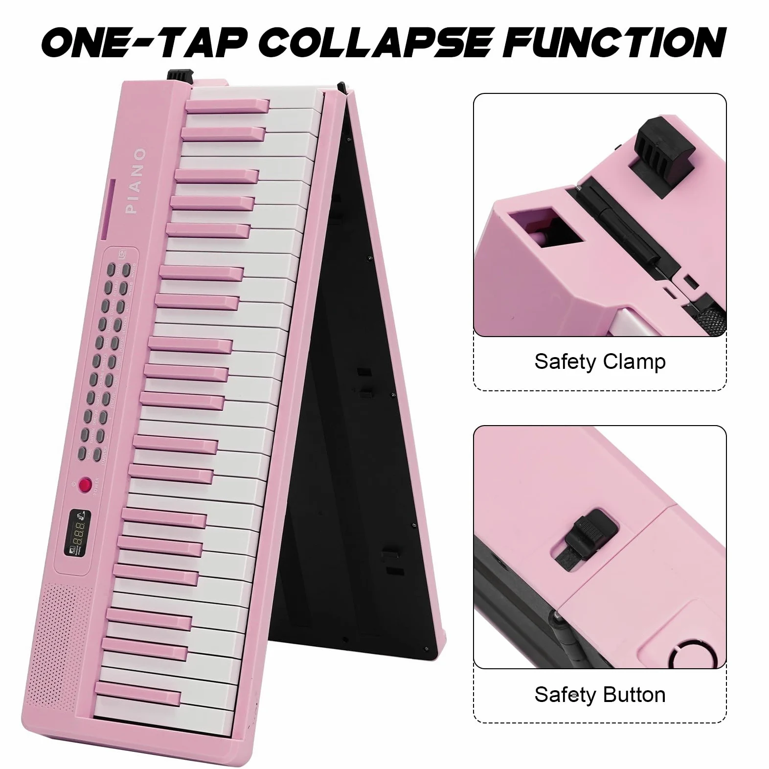 Tastiera per pianoforte a 88 tasti, pieghevole, portatile, con tasti illuminati, pedale professionale, Bluetooth, cuffie, MIDI, 200 suoni, 80 canzoni demo, modalità lezione per principianti, rosa