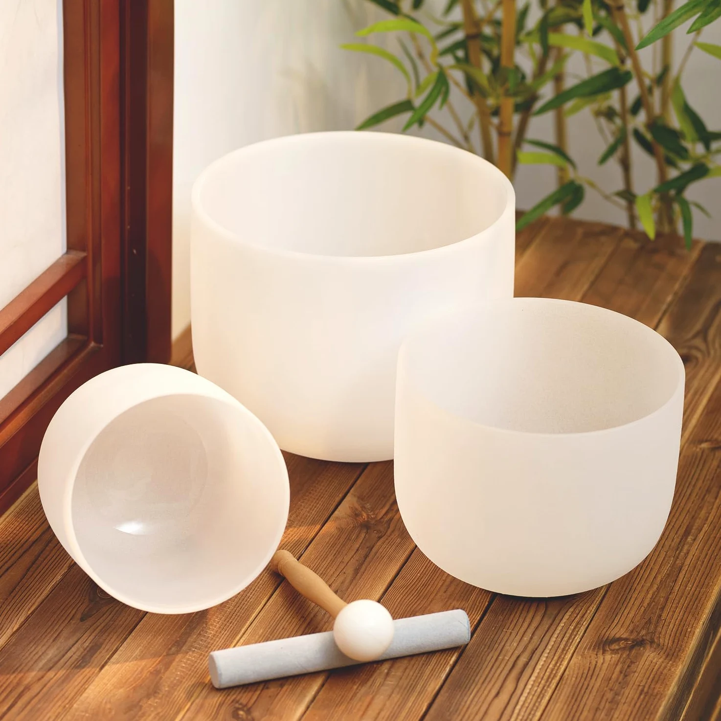 Hye-eun Set di 3 campane tibetane in cristallo da 15,2 a 25,4 cm, 432 Hz, C, 20,3 cm F, 15,2 cm, per meditazione e yoga, custodia da trasporto