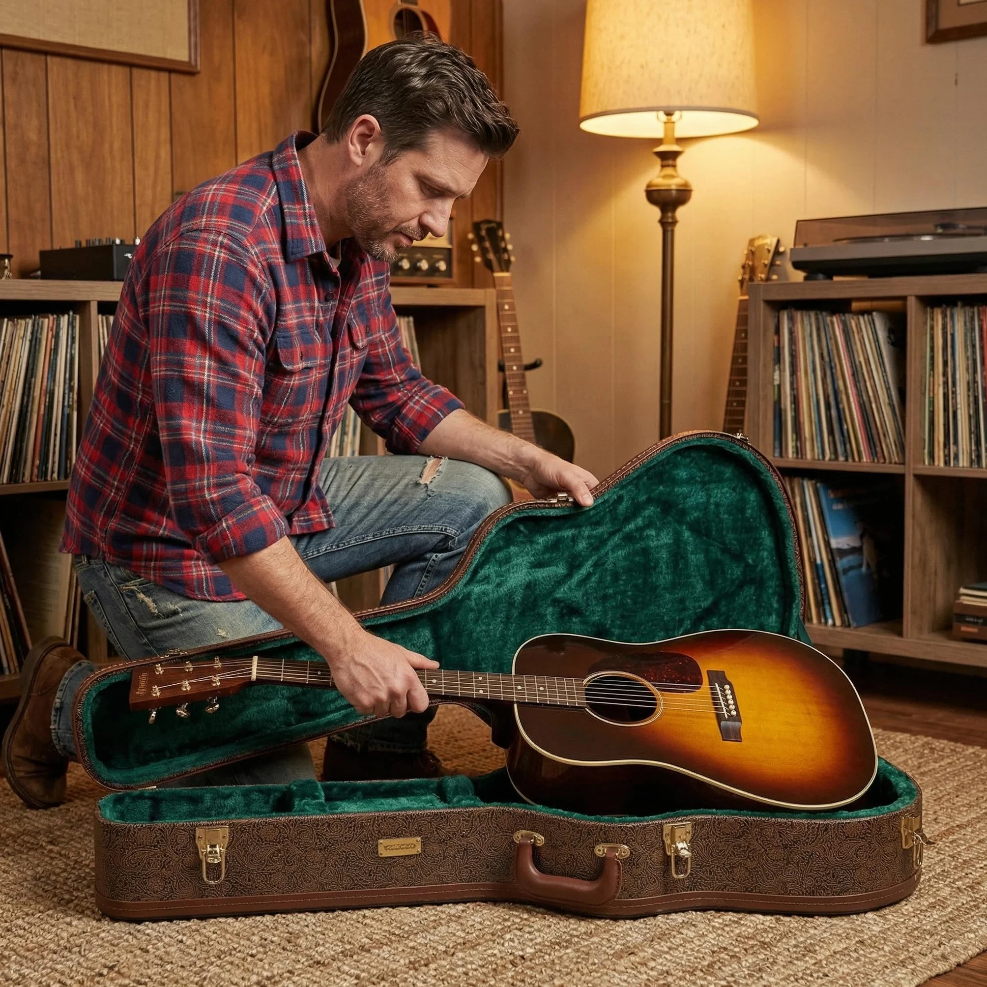 Crossrock Custodia per chitarra Dreadnought della serie Dreadnought per Gibson J-45/Martin D-Style, ecopelle marrone fiore, interno in velluto verde foresta, serratura, custodia rigida in legno di