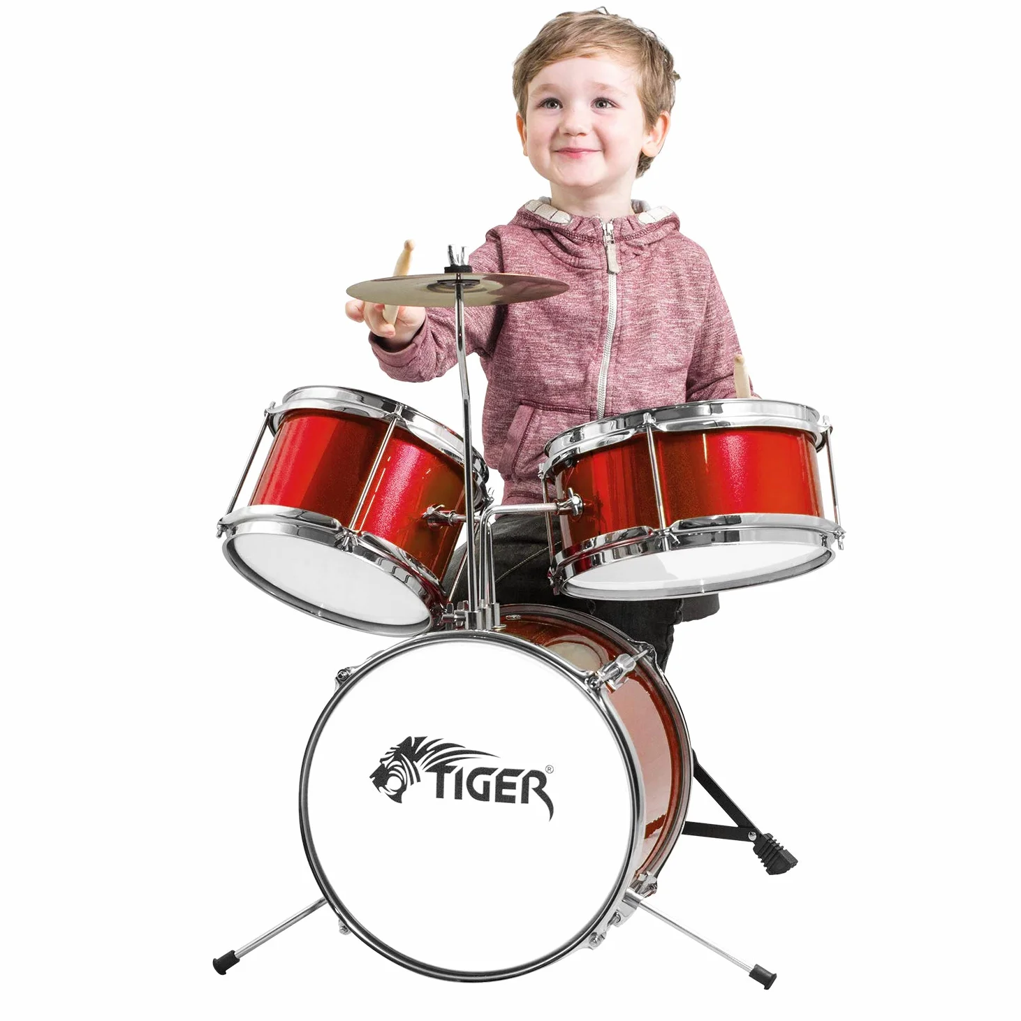 TIGER JDS7-RD Batteria per ragazzi 3 pezzi con rullante, tom, basso, pedale, piatti, bacchette e sgabello - colore rosso | con Rullante, Tom, Grancassa, Pedale Grancassa, Piatto, Trono e Bastoni, JDS7-RD