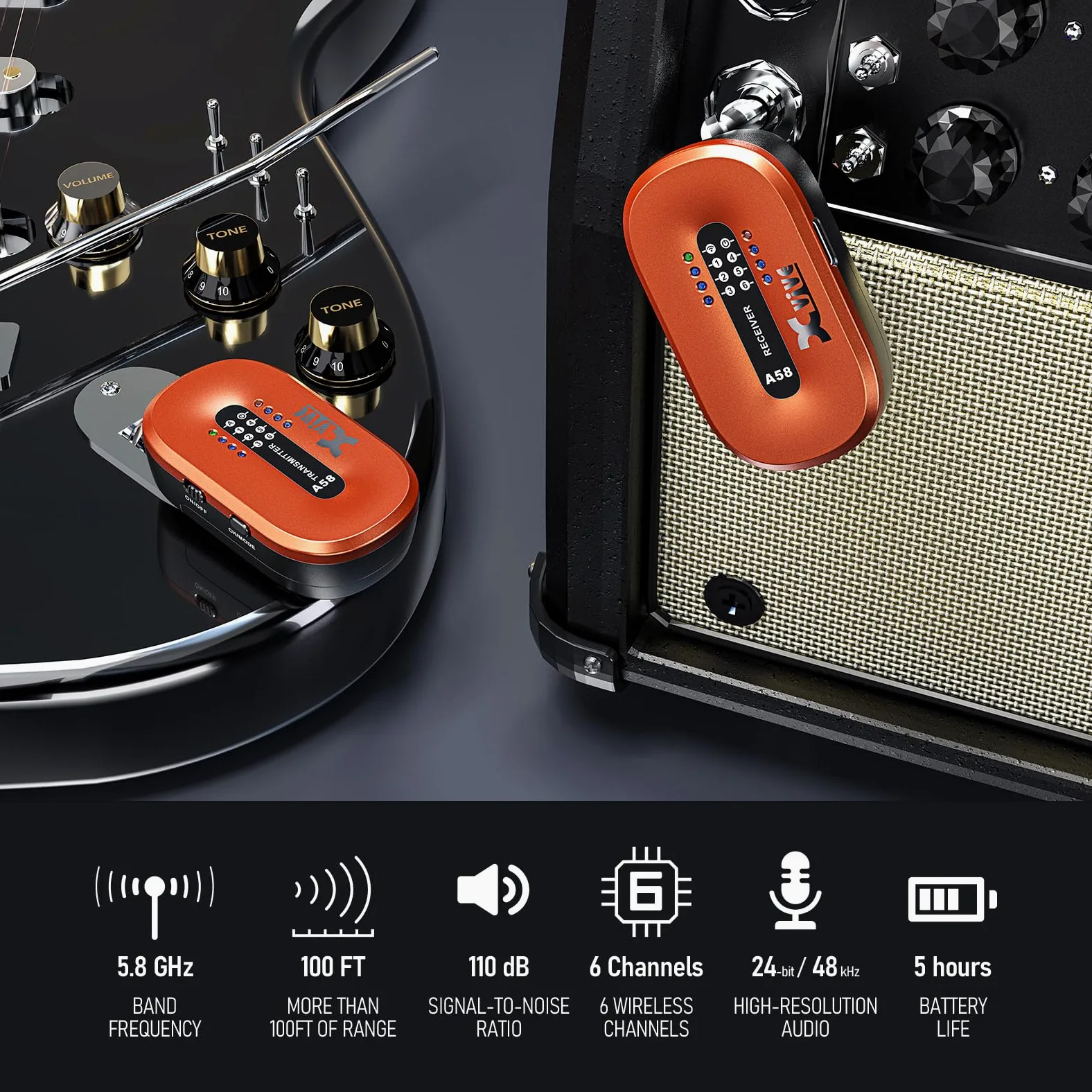 Xvive A58 - Sistema per chitarra wireless da 5,8 GHz, trasmettitore ricevitore per pickup attivo o passivo per basso elettrico/acustico, arancione