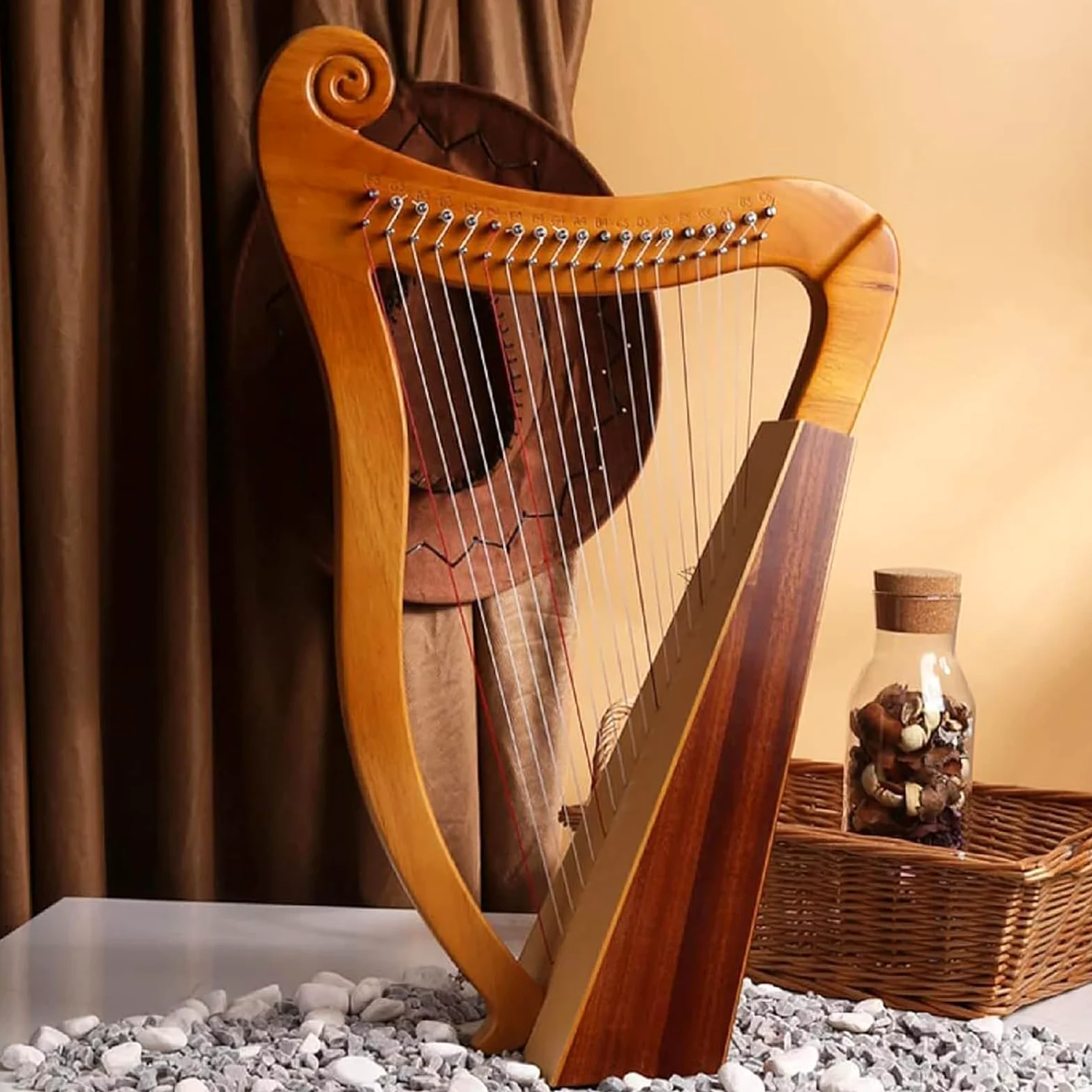 Arpa Celtica Irlandese, Arpa a Leva in Mogano a 19 Corde, Arpa a Lira in Mogano a 3 Fori con Chiave per Accordatura E Custodia Nera, Strumento Musicale di Risonanza, per Amanti della Musica