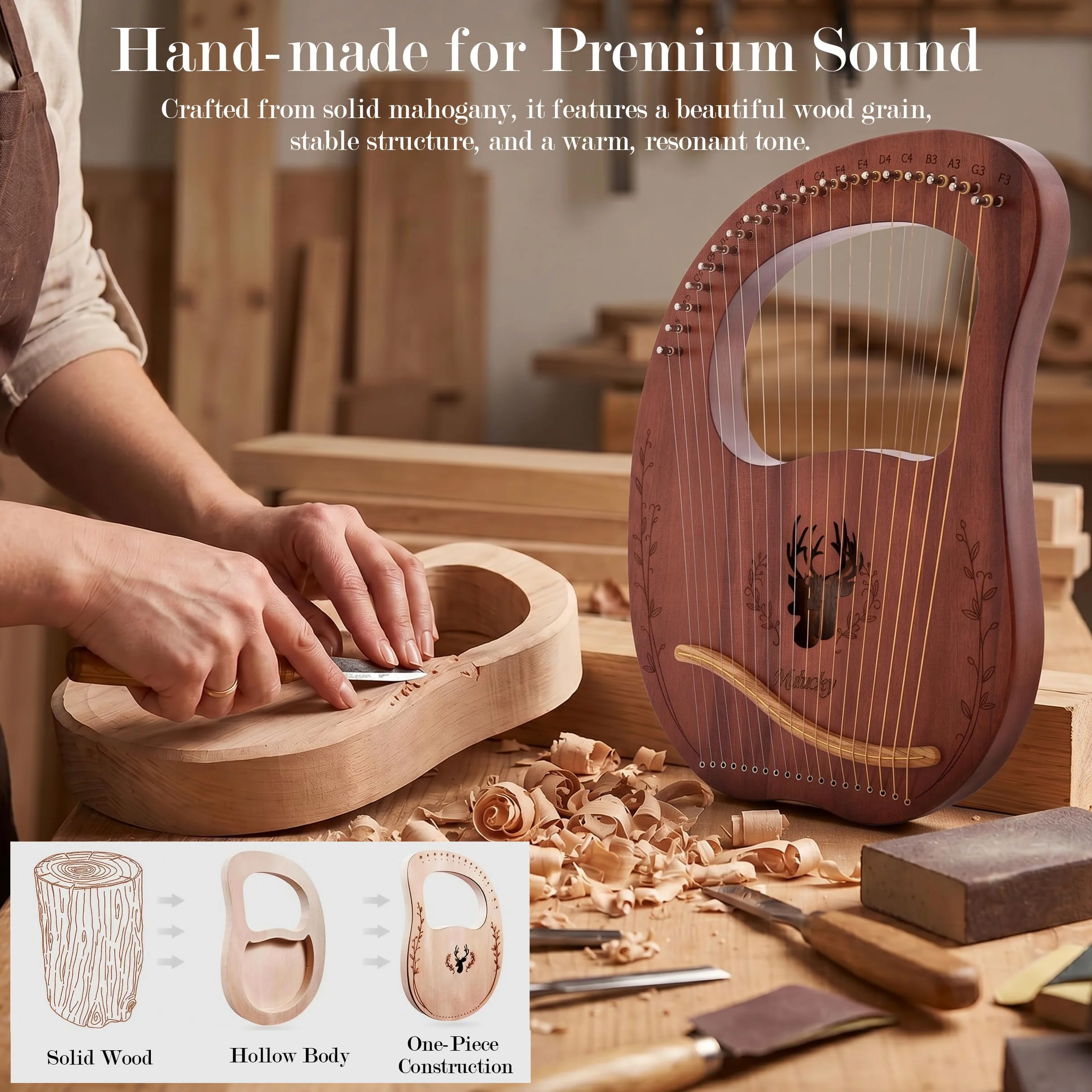 Mulucky Arpa a 19 corde, in mogano, con kit di strumenti musicali a corda con custodia per chiavi di accordatura, corde extra, per principianti e adulti