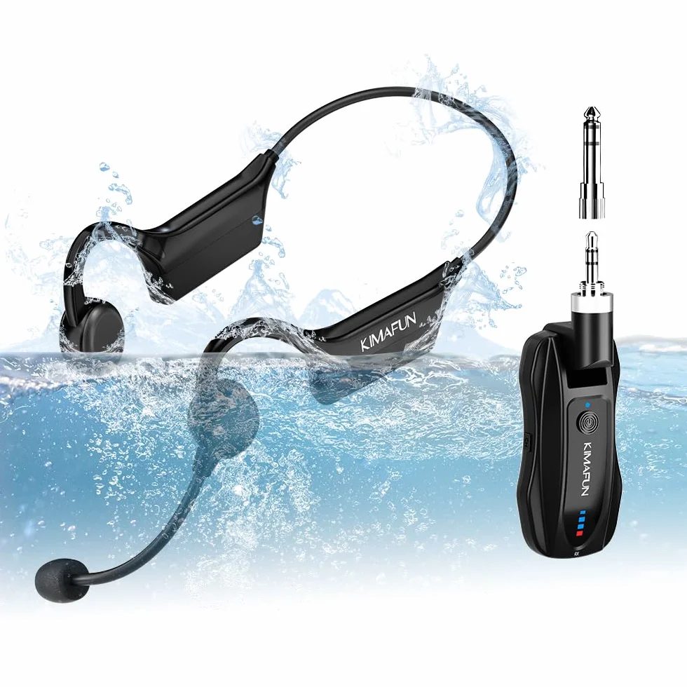 KIMAFUN 2.4G Wireless Microfono Archetto Fitness, Microfono Senza Fili IP67 Impermeabile Resistente al Sudore per Aerobica in Acqua, Allenatore di Nuoto, Fitness, Yoga, Pilates, GWP91(1TX1RX)