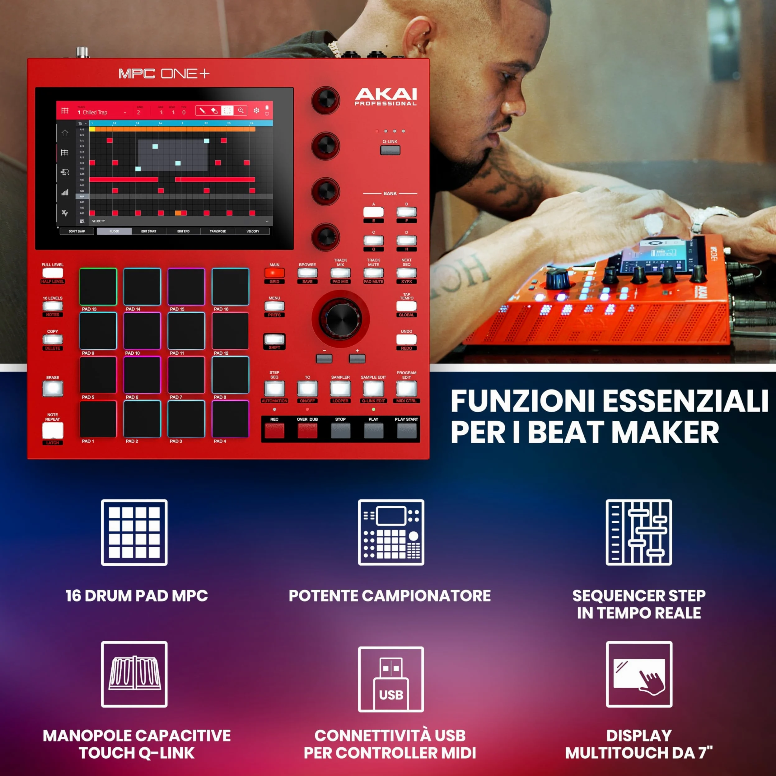 Akai Professional MPC One+ Drum Machine Standalone, Beat Maker e MIDI Controller con WiFi, Bluetooth, Drum Pad, Plug-in di Sintetizzazione, Touchscreen e Integrazione Native Instruments