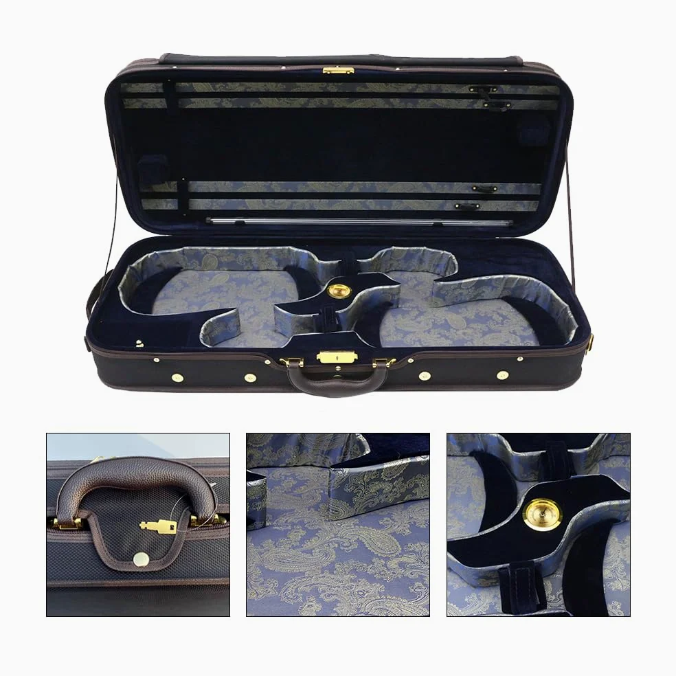 Custodia per violino doppia, in legno, per due violini 4/4, dimensioni standard, in nylon Oxford, interno in seta con cinturino posteriore (interno blu)