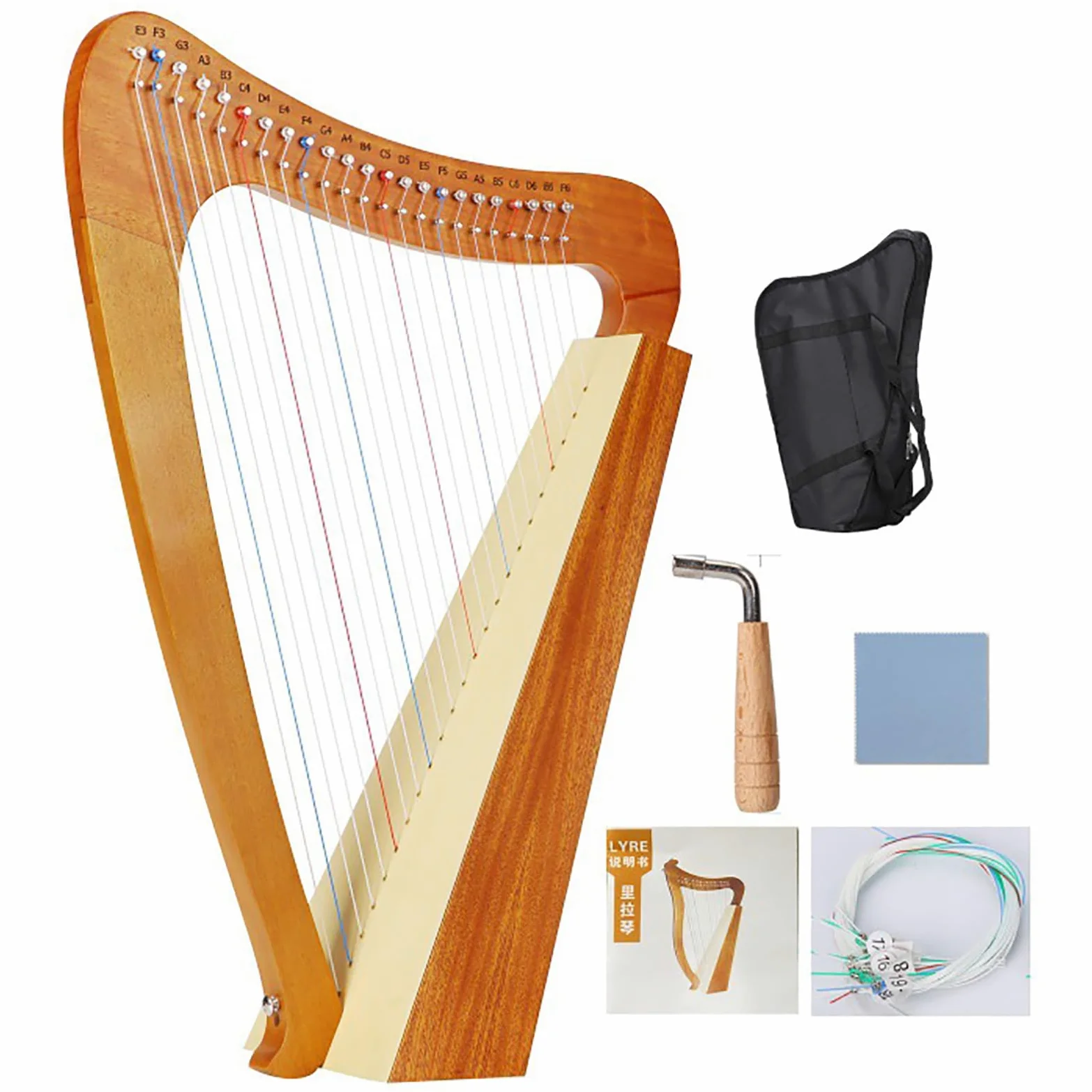 Arpa Celtica Irlandese, Arpa a Leva in Mogano a 19 Corde, Arpa a Lira in Mogano a 3 Fori con Chiave per Accordatura E Custodia Nera, Strumento Musicale di Risonanza, per Amanti della Musica