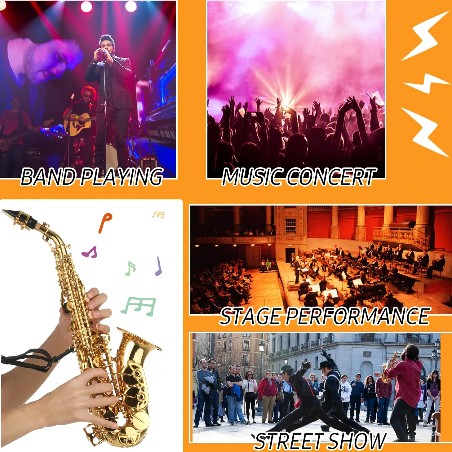 Sassofono soprano in sib Lacca dorata Sax in ottone con custodia per strumenti Bocchino Tracolla in panno per pulizia Spazzola per musicisti Principianti