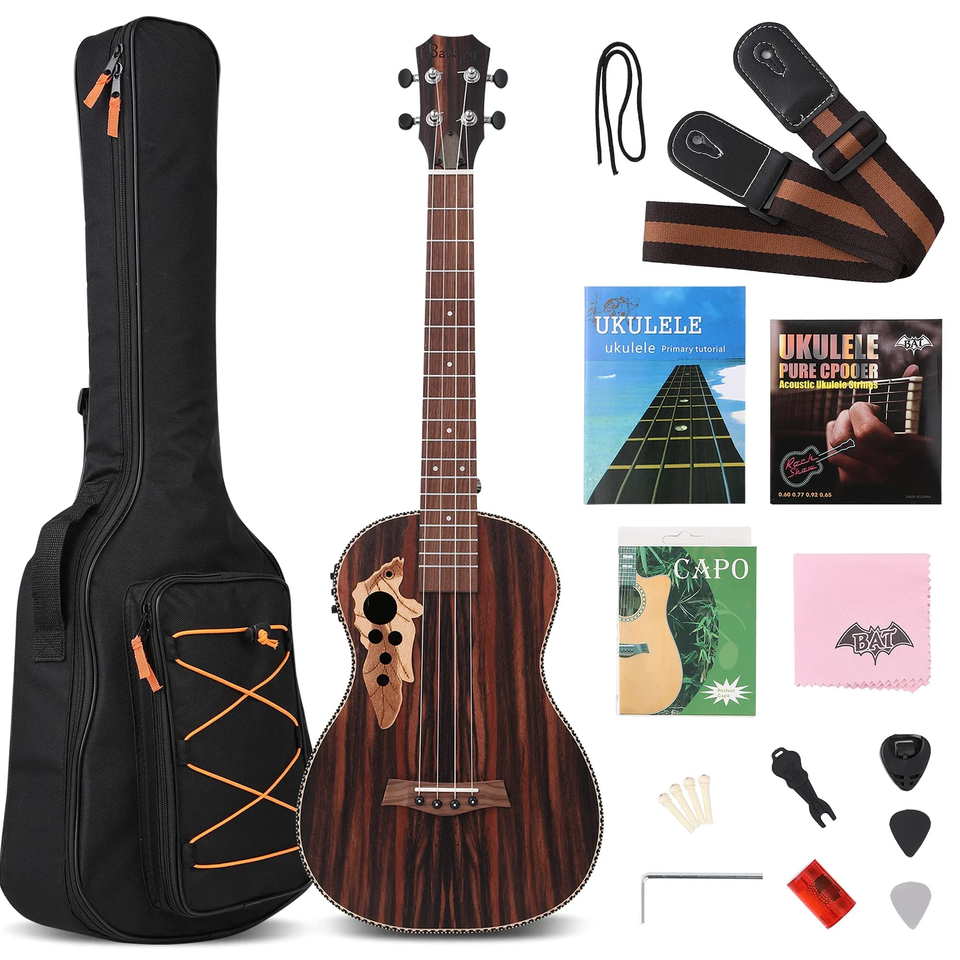 Ukulele baritono in legno nero, 76,2 cm, con preamplificatore integrato e equalizzatore di accordatura, plettri, corde di nylon di ricambio, borsa inclusa