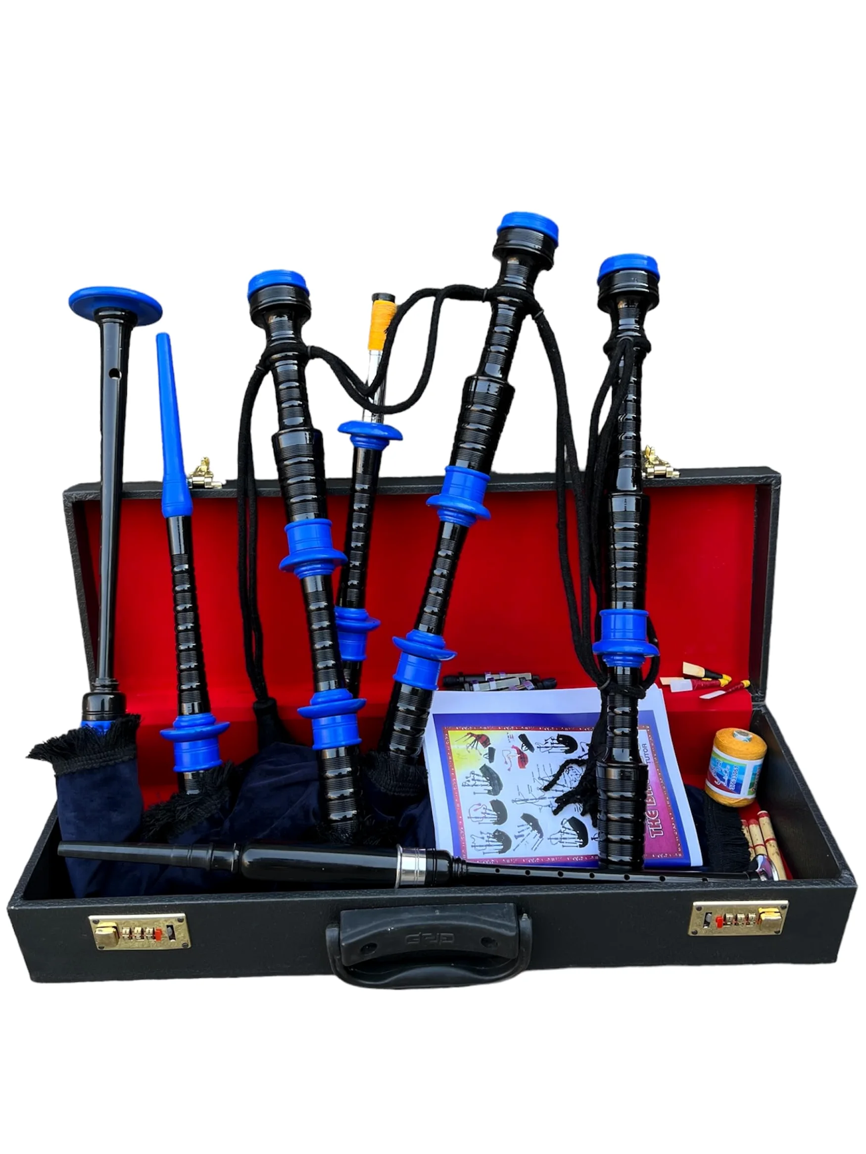 Cornamusa professionale in velluto blu con supporti in palissandro e custodia