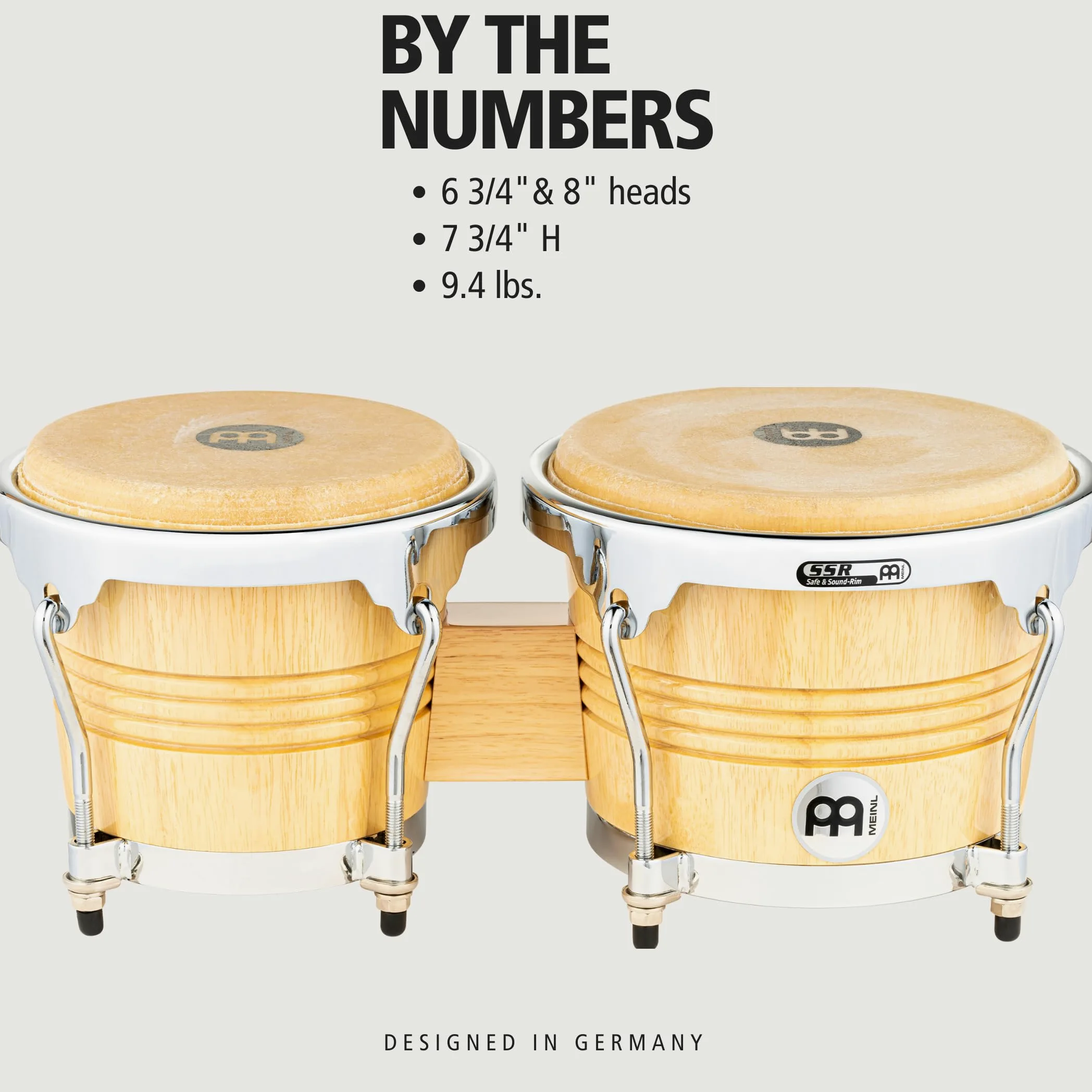 Meinl Percussion Bongos Wood Chrome - 2 Tamburi a Mano da 6.75 e 8 Pollici - Chiave Accordatura Inclusa - Quercia del Siam, Natural High Gloss (WB200NT-CH)