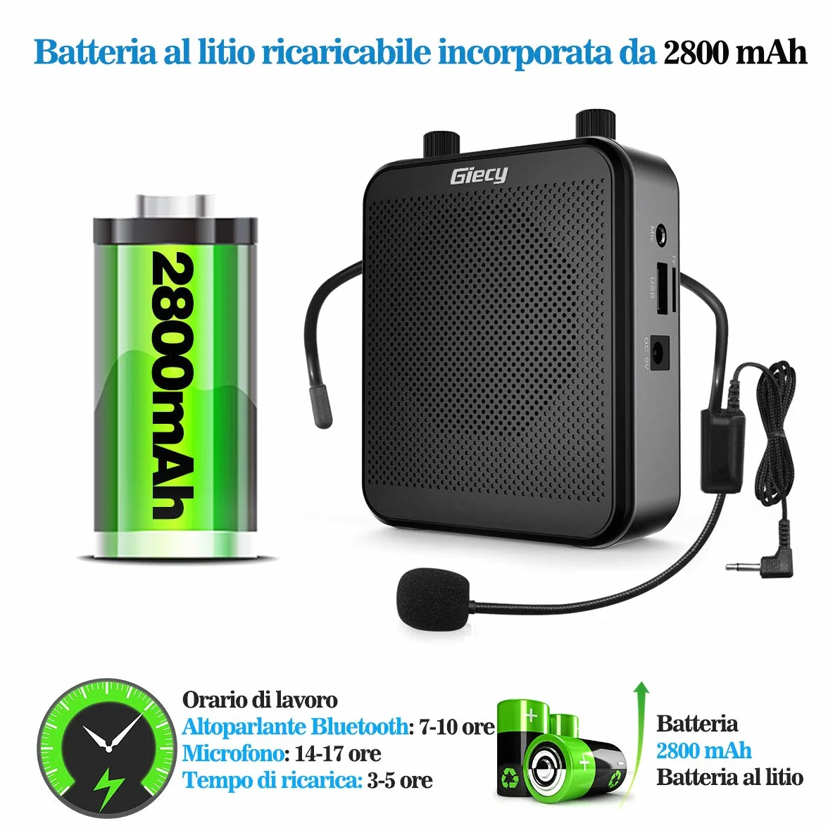 Amplificatore vocale portatile con microfono cuffia 30W Batteria ricaricabile 2800mah Sistema PA amplificatore vocale mini per insegnanti, guida turistica, allenatori, presentatori