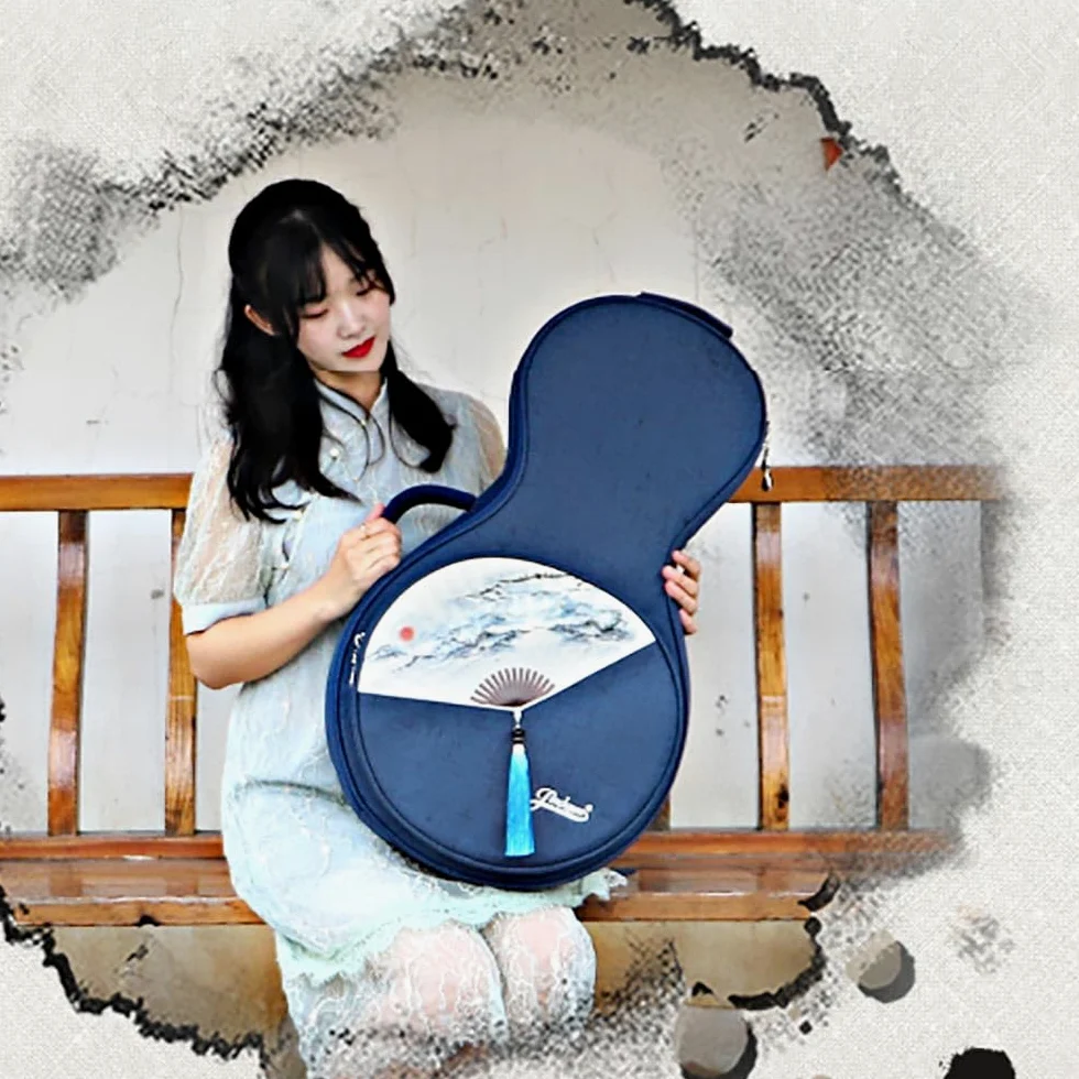Yueqin - Borsa a tracolla con motivo liuto lunare, con motivo a ventaglio, musica folk, per uso professionale, liuto lunare, chitarra, banjo, strumento musicale, banjo cinese (blu)