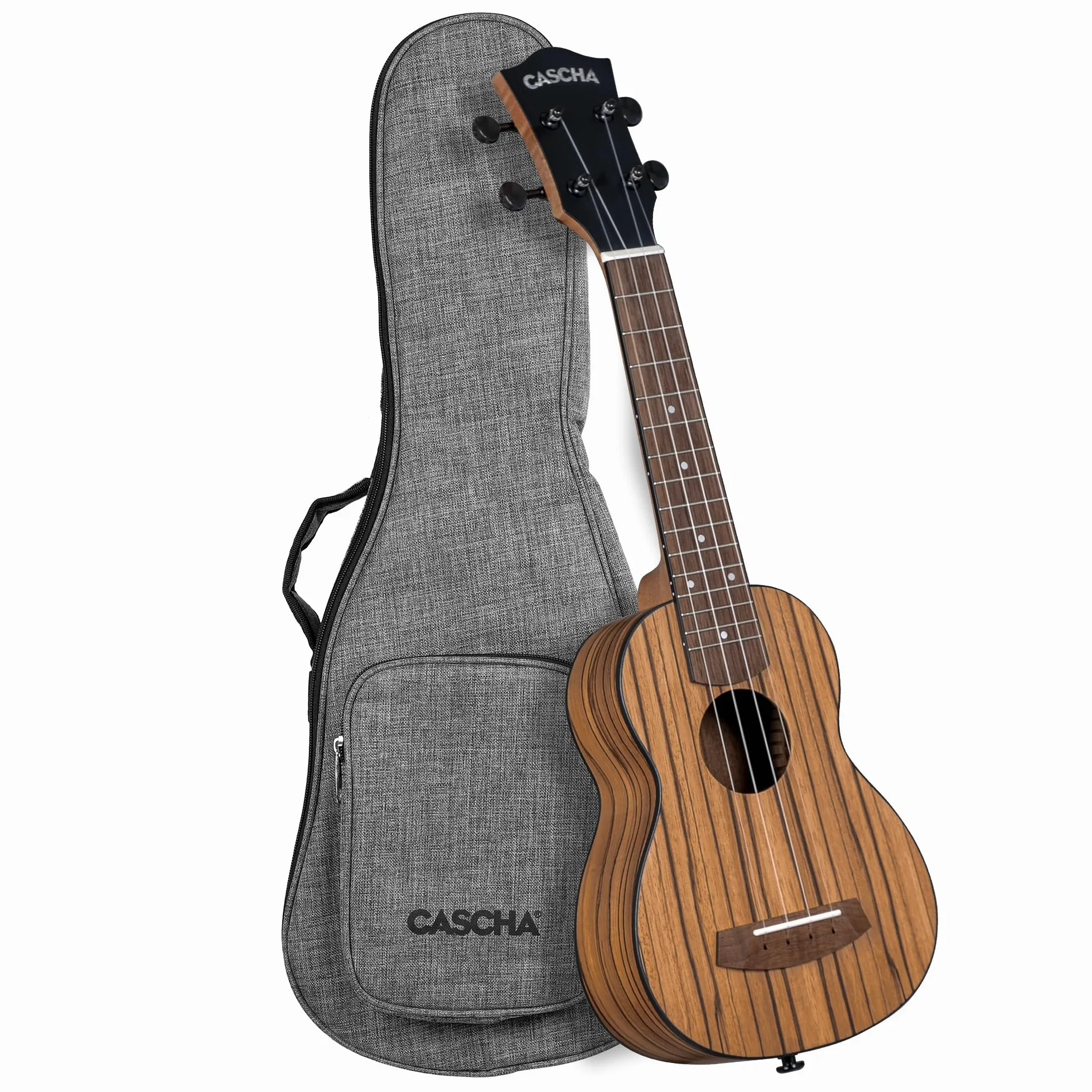 CASCHA Ukulele Zebra Wood – Legno di zebra di alta qualità, suono caldo, manico Okoume, tastiera in noce, finitura opaca, corde in carbonio, con custodia per il trasporto, soprano