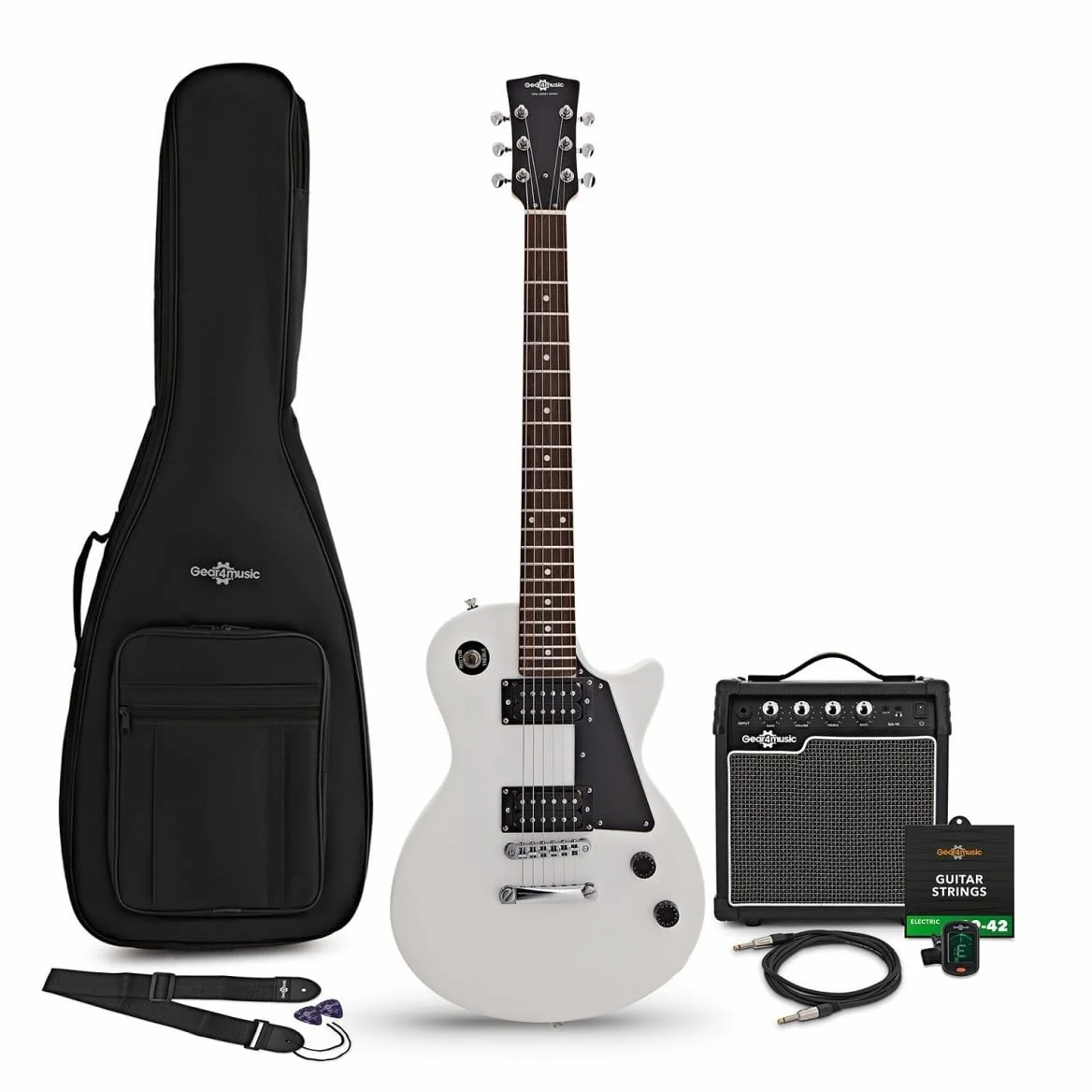 Chitarra Elettrica New Jersey Bianca, Ampli 10W e Accessori | Tutto ciò che Serve a un Chitarrista in Erba, Ampli Portatile con EQ 2 Bande e Uscita Cuffie, Manico Comodo, Accessori