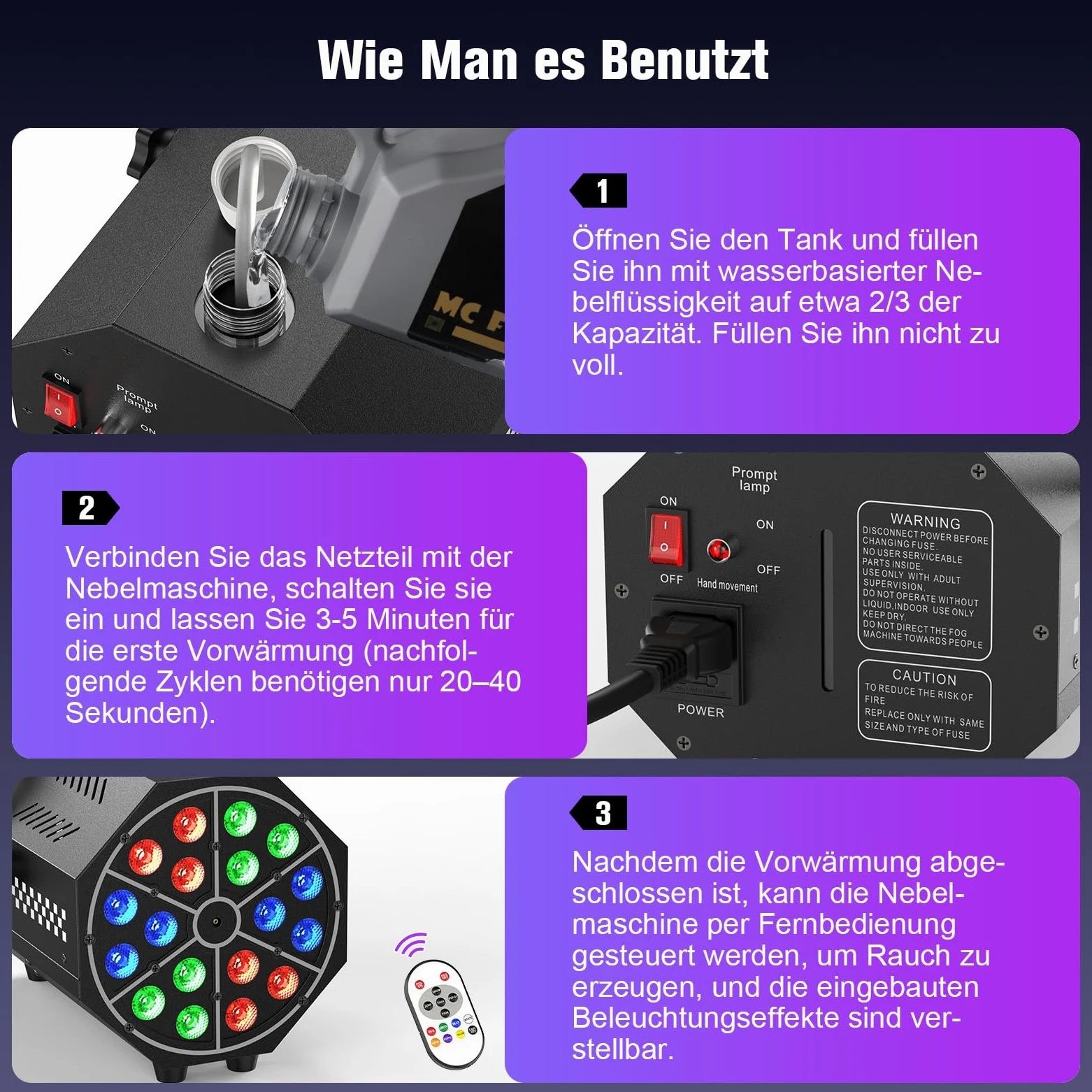 Macchina del fumo, 18 LED RGB con telecomando, LED luminosi, gradiente di colore, salto, impulso, strobo, per feste, Natale, Halloween, DJ, palchi e spazi aperti