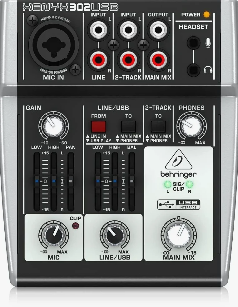 Behringer 302USB Mixer premium a 5 ingressi con preamplificatore microfonico XENYX e interfaccia USB/audio & Cavo da microfono a mixer Stagg SMC6 da 6 metri XLR (m) -XLR (f), nero