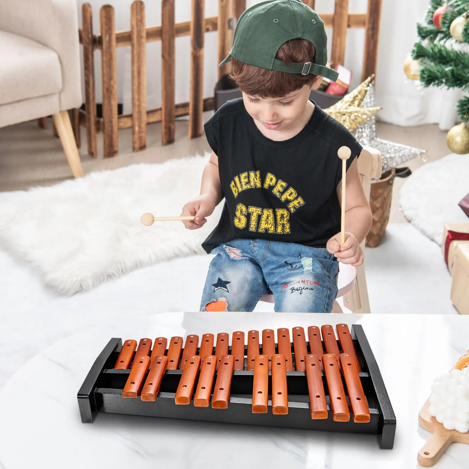 KOMFOTTEU Xilofono con 25 Note Scritte, Glockenspiel in Legno di Pino con 2 Mazzuoli, Strumento Musicale a Percussione a Mano con Borsa per il Trasporto, Metallofono Scuola Media per Bambini, Adulti
