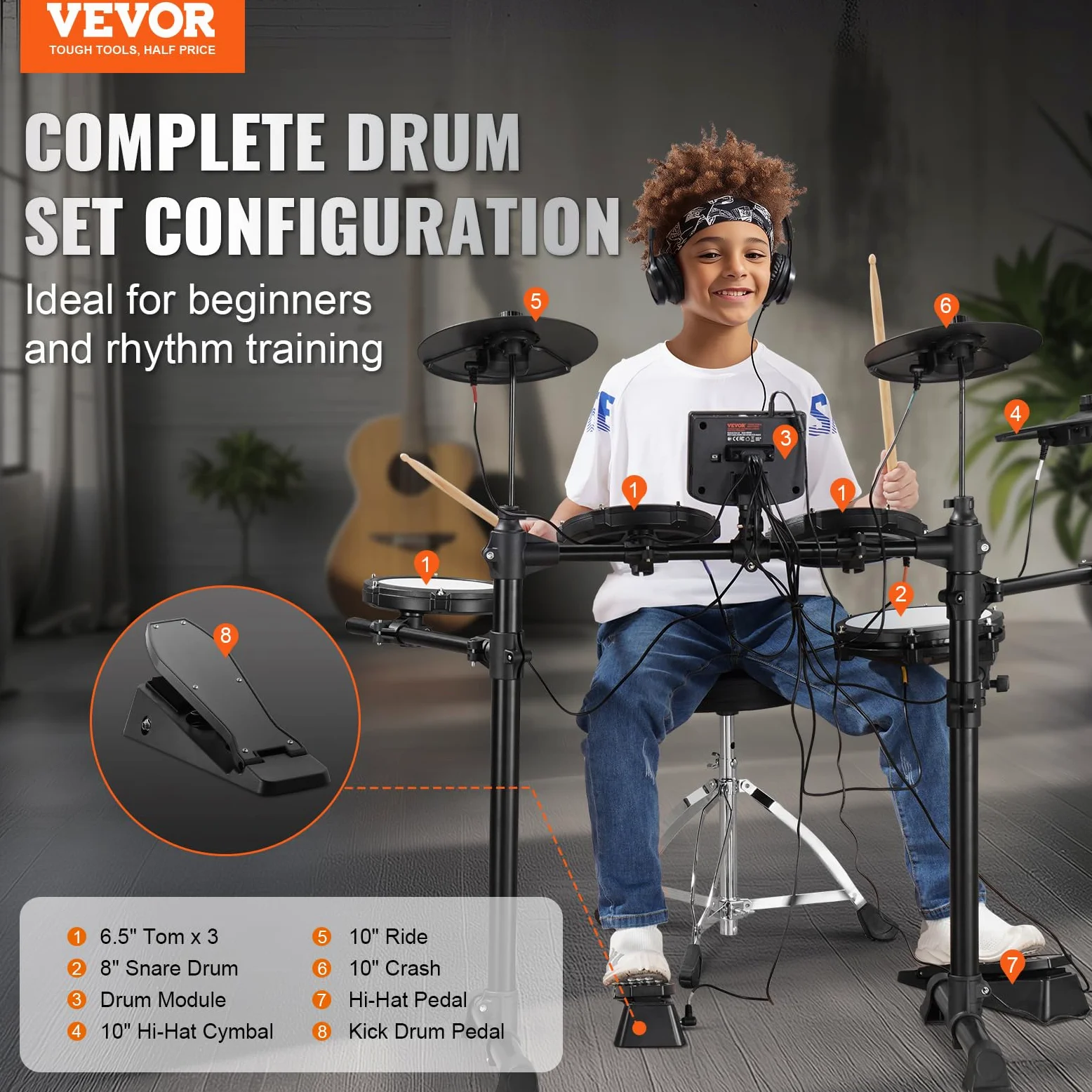 VEVOR Set di Batteria Elettronica, 15 Kit di Batteria 150 Suoni, Set di Batteria Elettronica Rullante Silenzioso 203,2 mm con Supporto USB MIDI con Piatti Bacchette e Cuffie, Principianti e Adulti