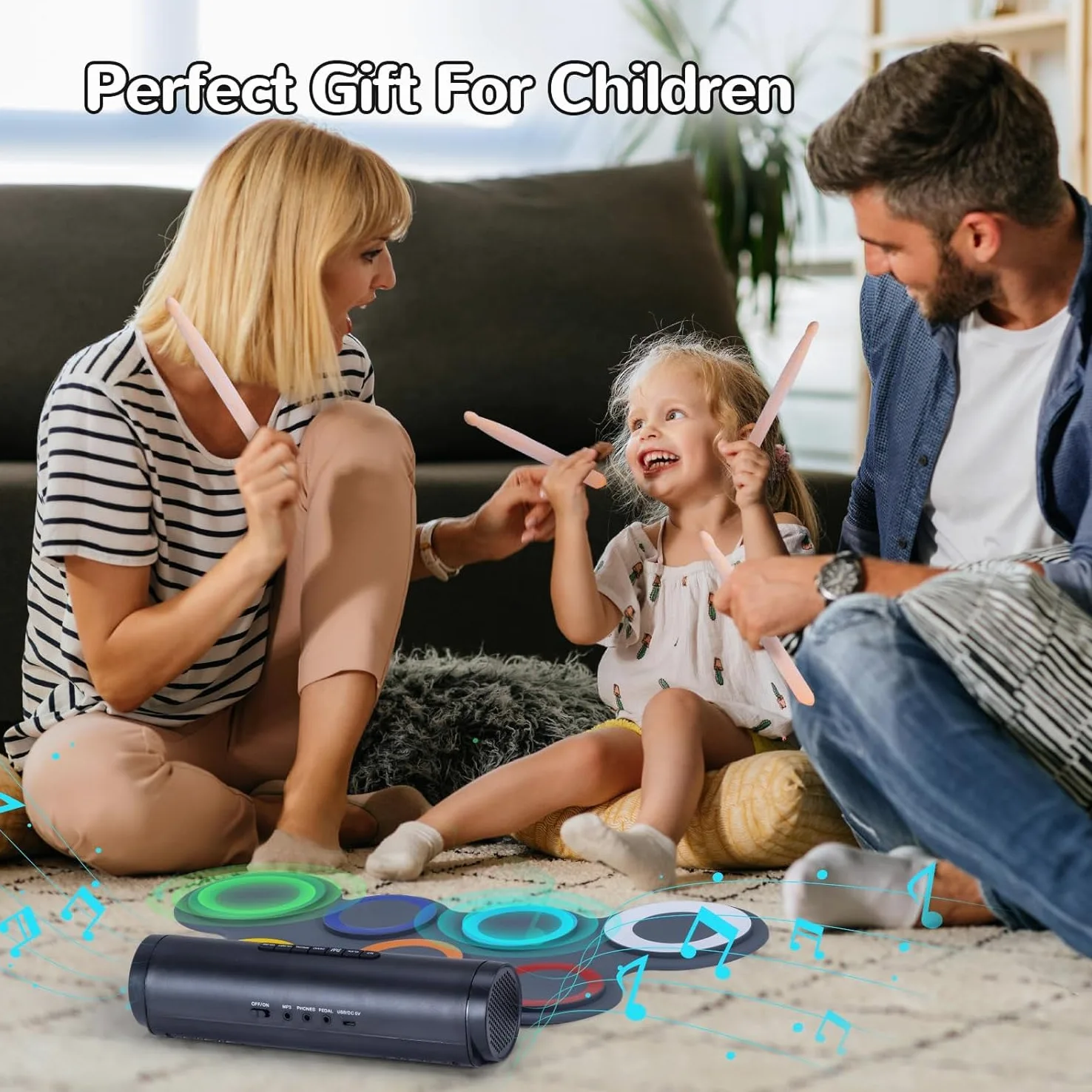 IWORD Set di batteria elettronica, pad per esercitarsi con batteria arrotolabile, con jack per cuffie, altoparlante integrato, pedali, bacchette, 10 ore di autonomia, ottimo regalo di compleanno per