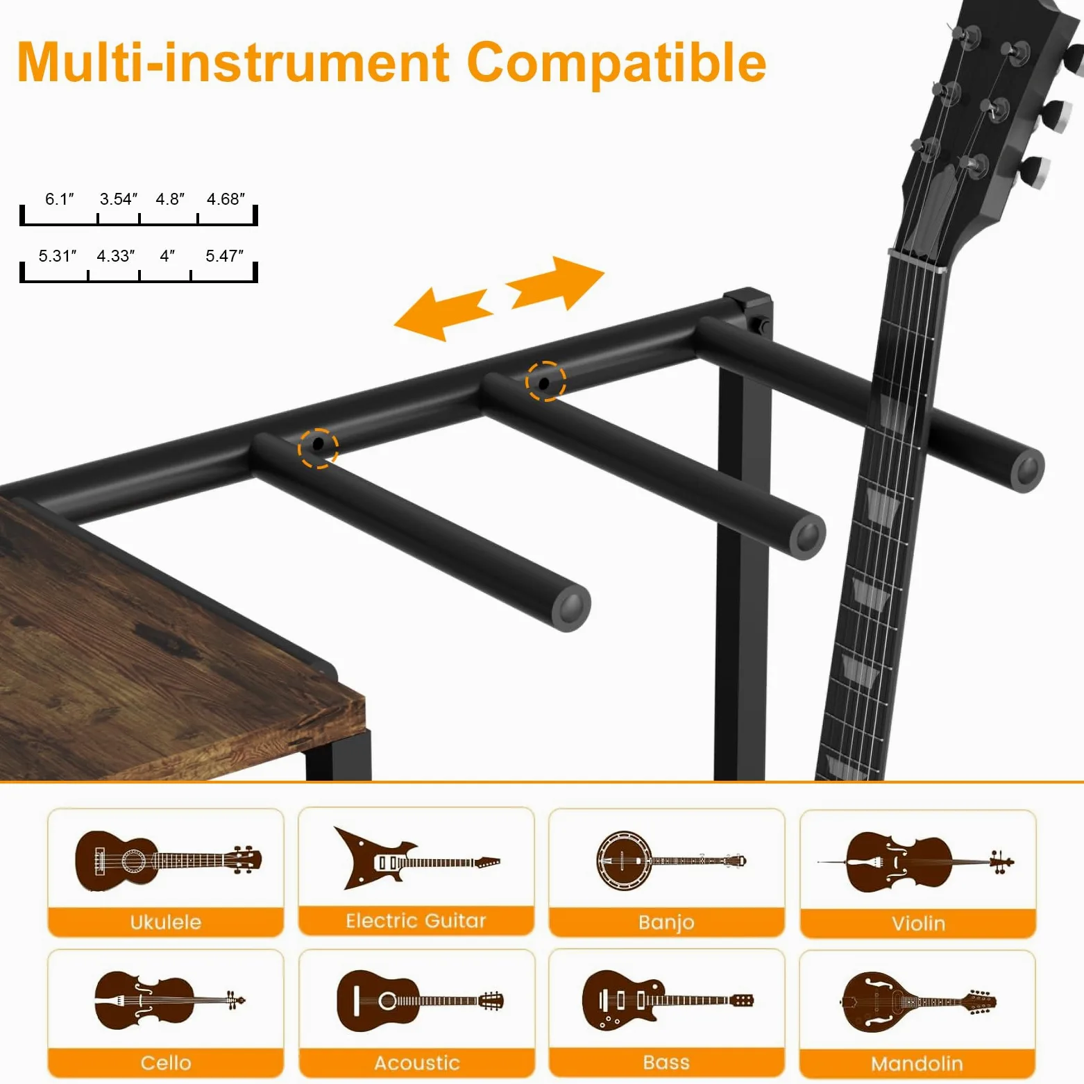 Supporto per chitarra per 6 chitarre, regolabile, con protezione imbottita morbida per chitarra acustica, elettrica, basso e ukulele, espositore per chitarra con 3 ripiani per amplificatori e