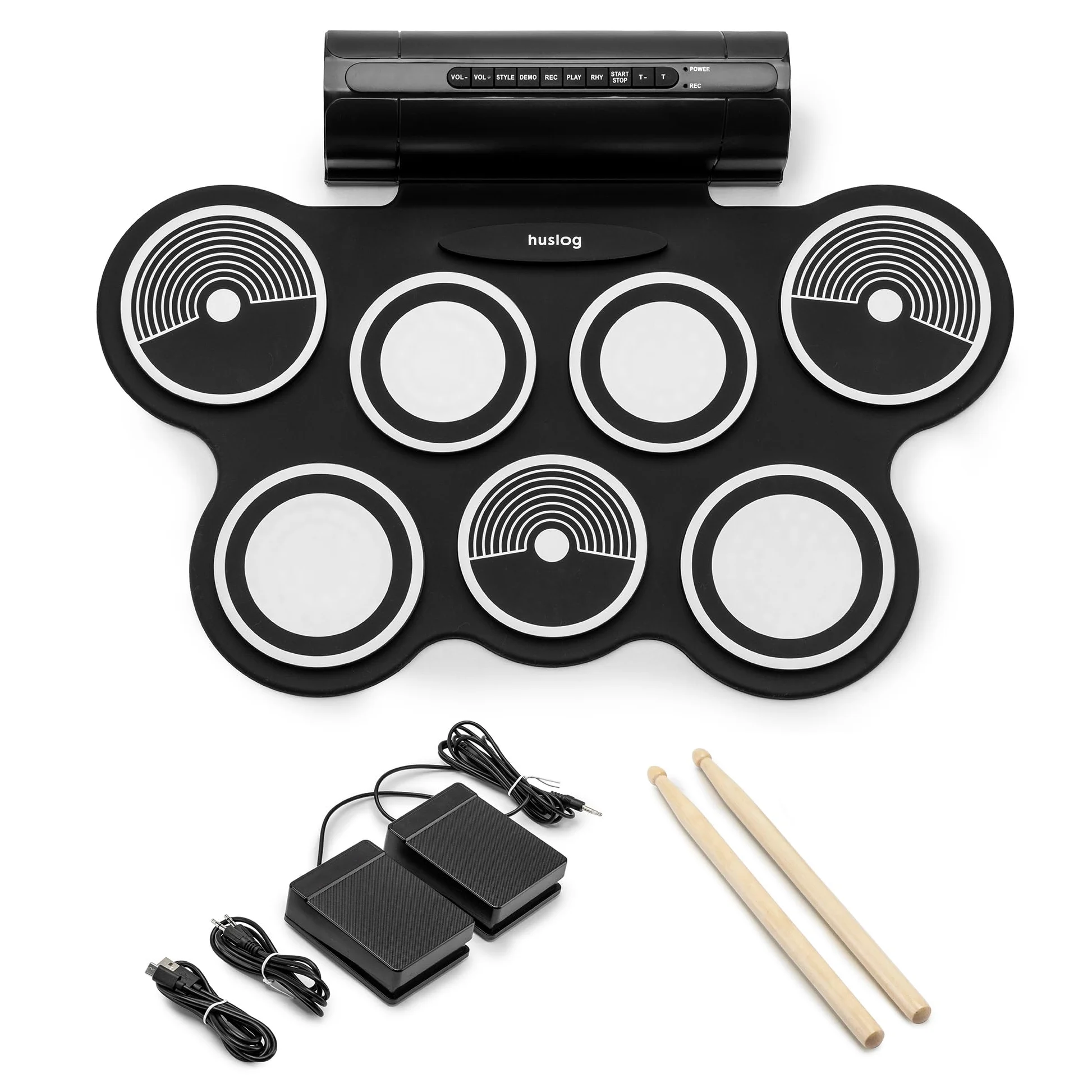 Batteria Elettronica Portatile per Bambini e Principianti, 7 Pad + 2 Pedali, 12 Ritmi Demo, 7 Suoni, Funzione Registrazione, Ingresso MP3, Uscita Cuffie e Altoparlanti
