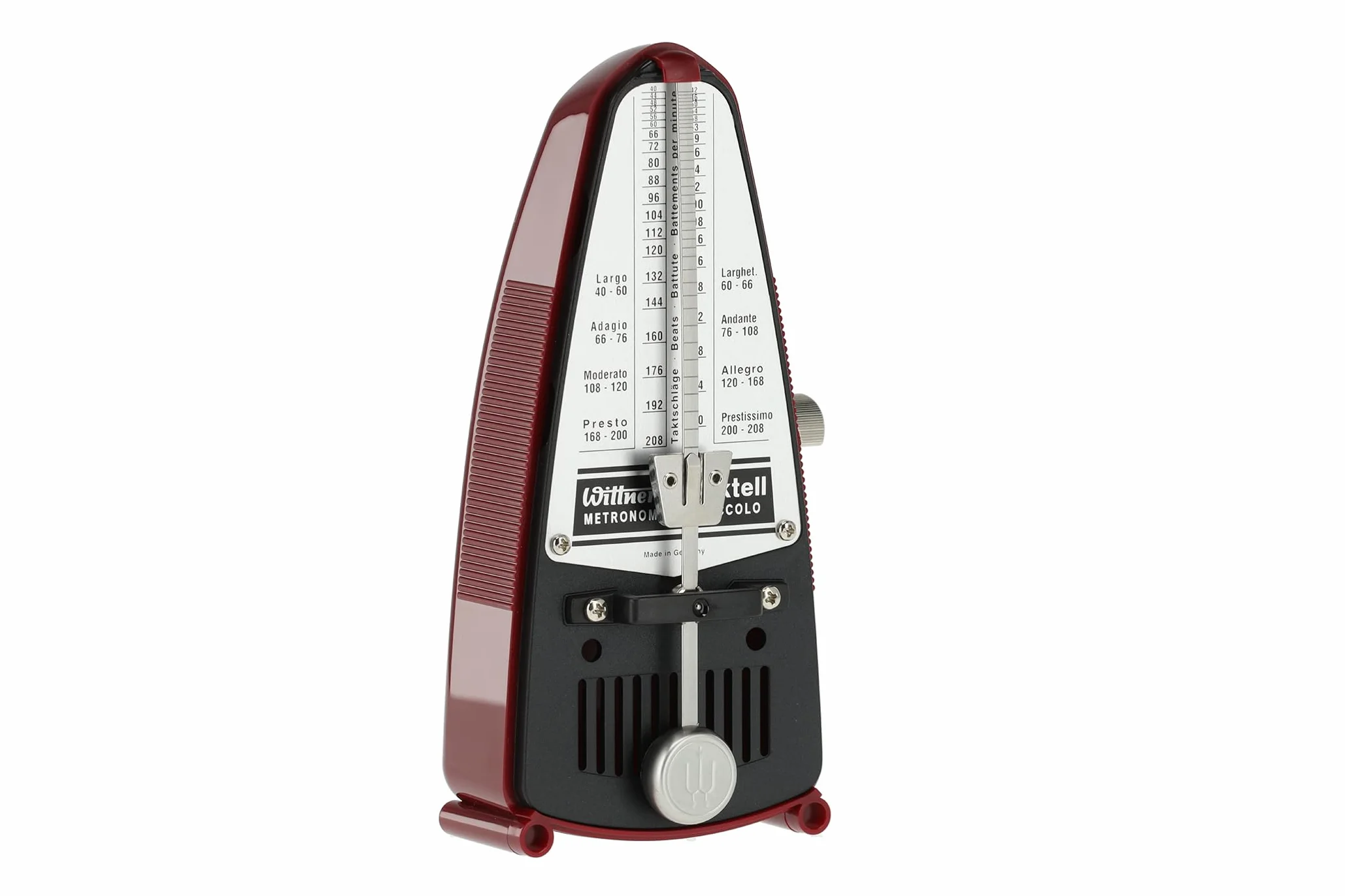 Wittner Metronomo Taktell Piccolo Serie 830 - Custodia in plastica - Senza campana - Rosso rubino - Meccanico a carica - Non sono necessarie batterie - Made in Germany
