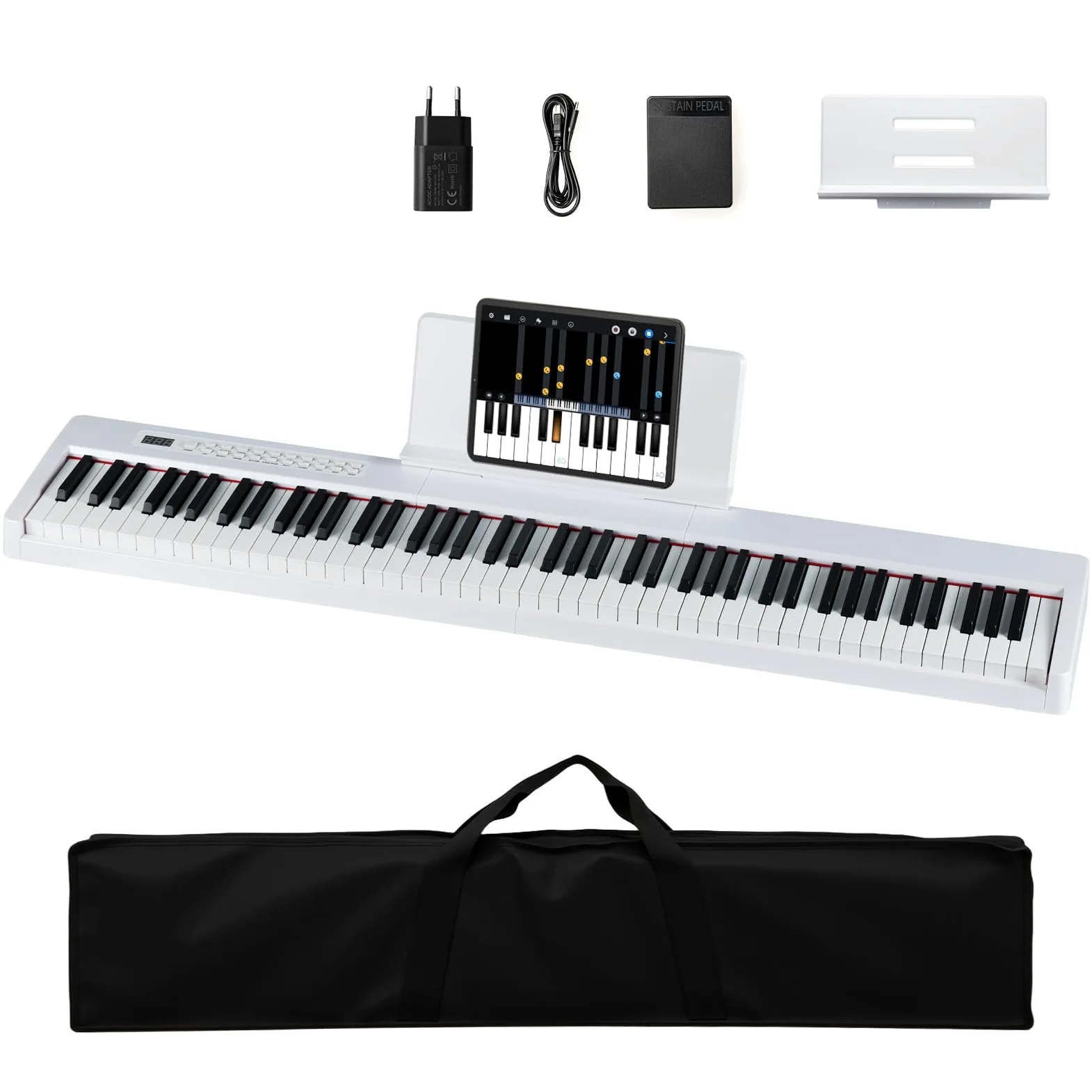 KOMFOTTEU Pianoforte digitale a 88 tasti, tastiera per pianoforte con 380 suoni, 128 ritmi, 88 demo, MIDI, pedale, pianoforte elettrico portatile con supporto per musica, borsa da trasporto (bianco)