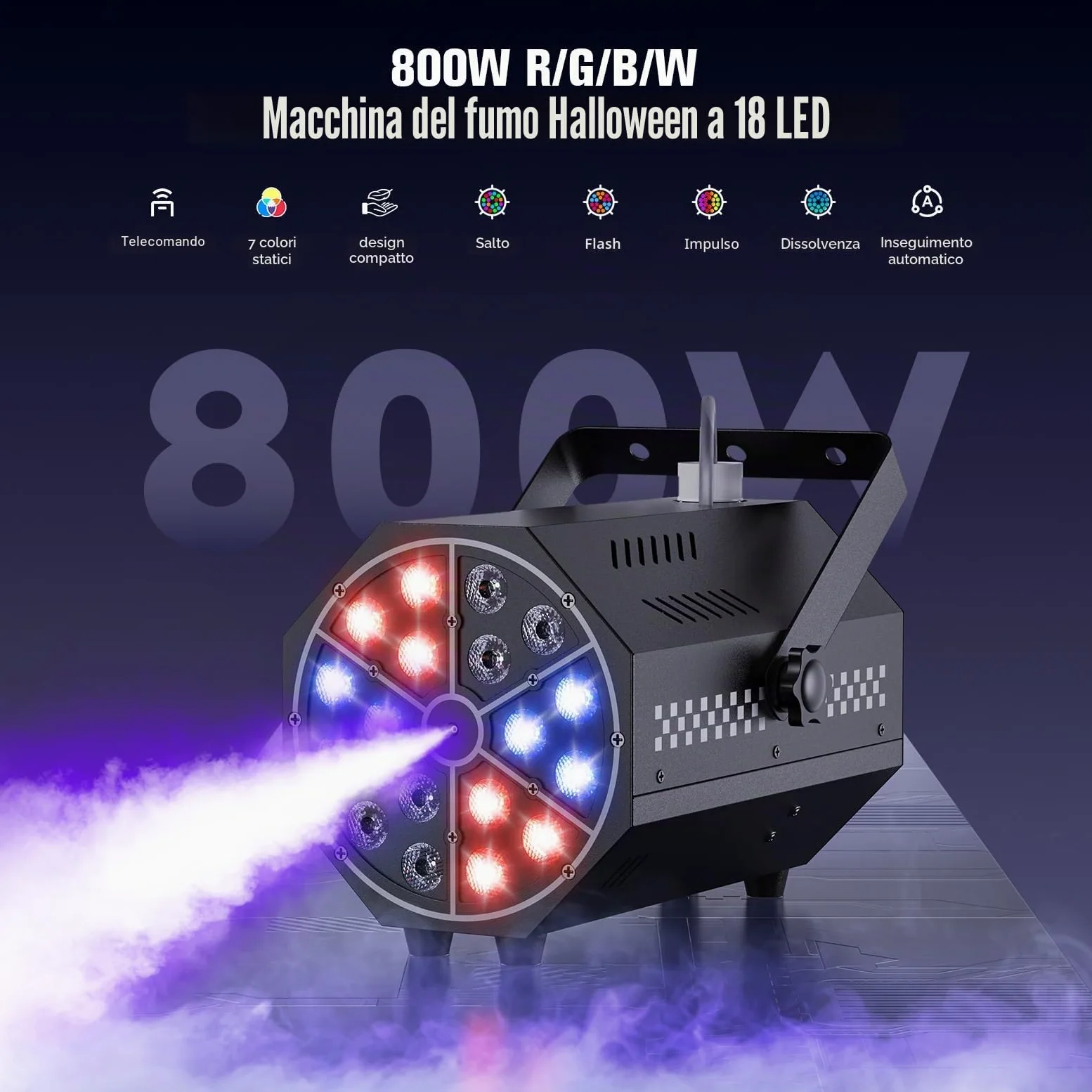 Macchina del fumo, 18 LED RGB con telecomando, LED luminosi, gradiente di colore, salto, impulso, strobo, per feste, Natale, Halloween, DJ, palchi e spazi aperti