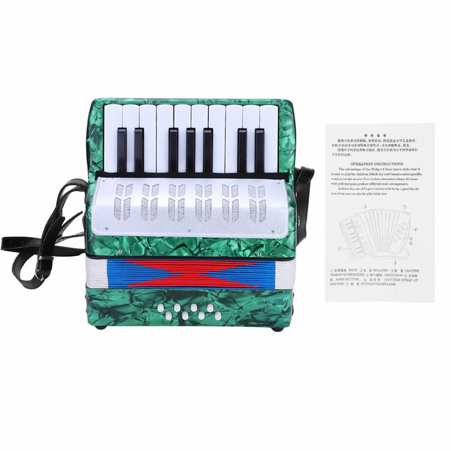 Domary Fisarmonica 17 Tasti 8 Bassi Strumento Musicale per Pianoforte per Principianti Leggero Resistente Durevole Cinturino Regolabile Bambini Rosso Blu Verde Blu Navy (Verde)