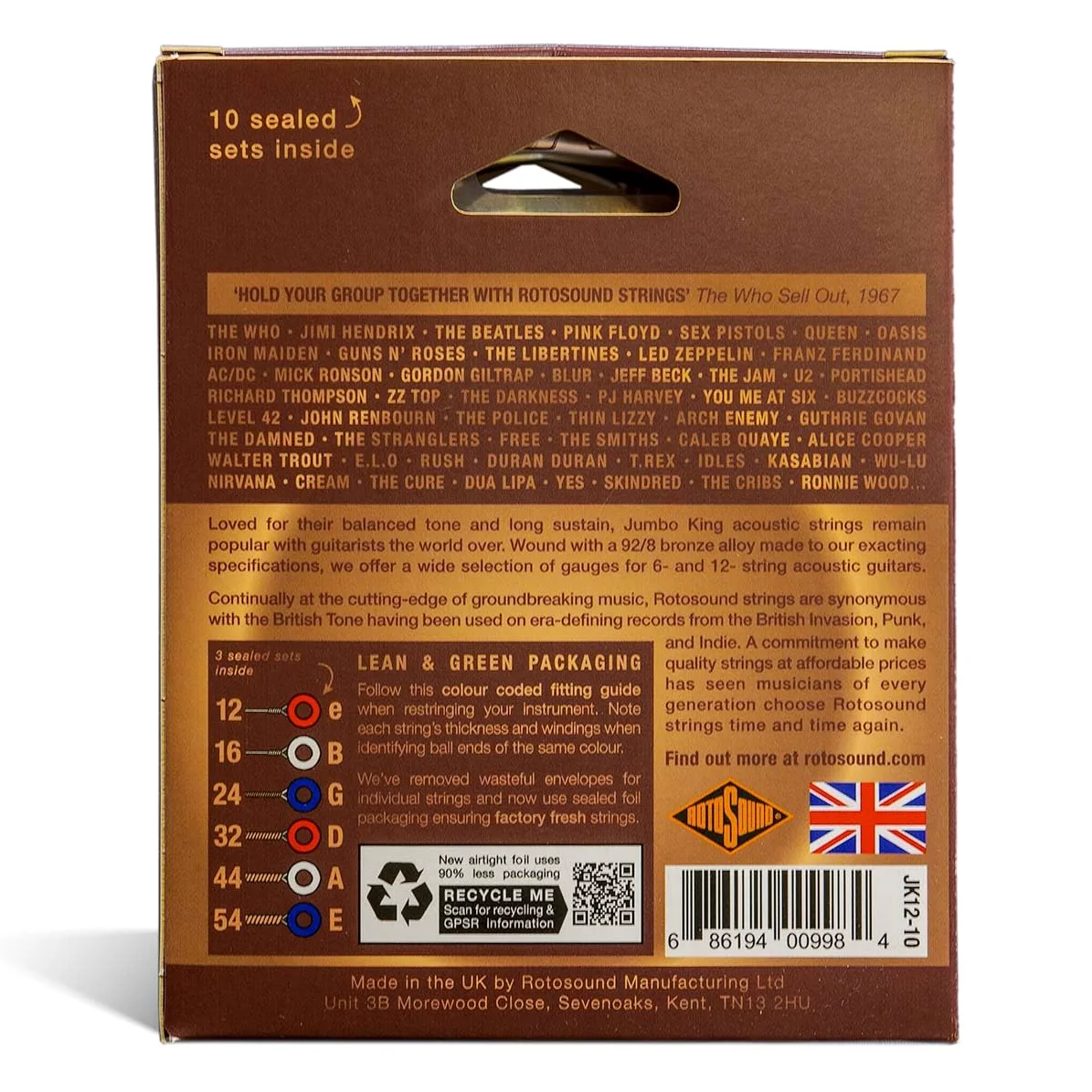 Rotosound JK12-10 Jumbo King - Corde per chitarra acustica, confezione da 10